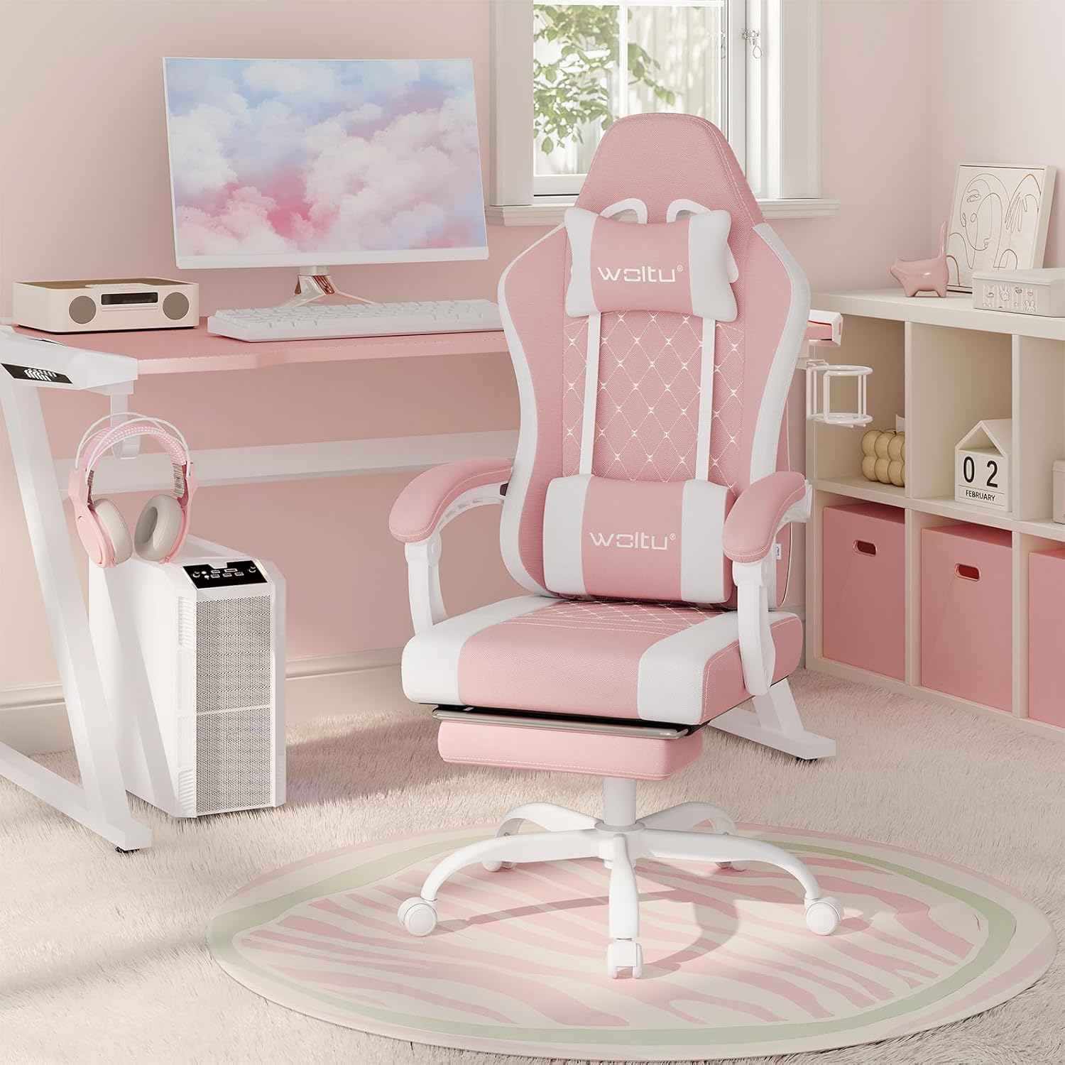 Chaise Gaming Massante WOLTU, Fauteuil Gamer, avec Coussin à Ressorts, Soutien Lombaire Massant, Appui-tête, Repose-Pieds,Tissu Maille, Rose+Blanc - 3