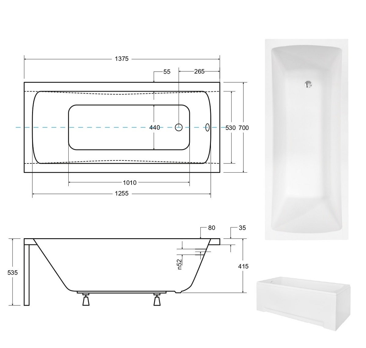 Baignoire rectangulaire + tablier noir-mat + repose tête - OPTIMA - 140 x 70 - 3