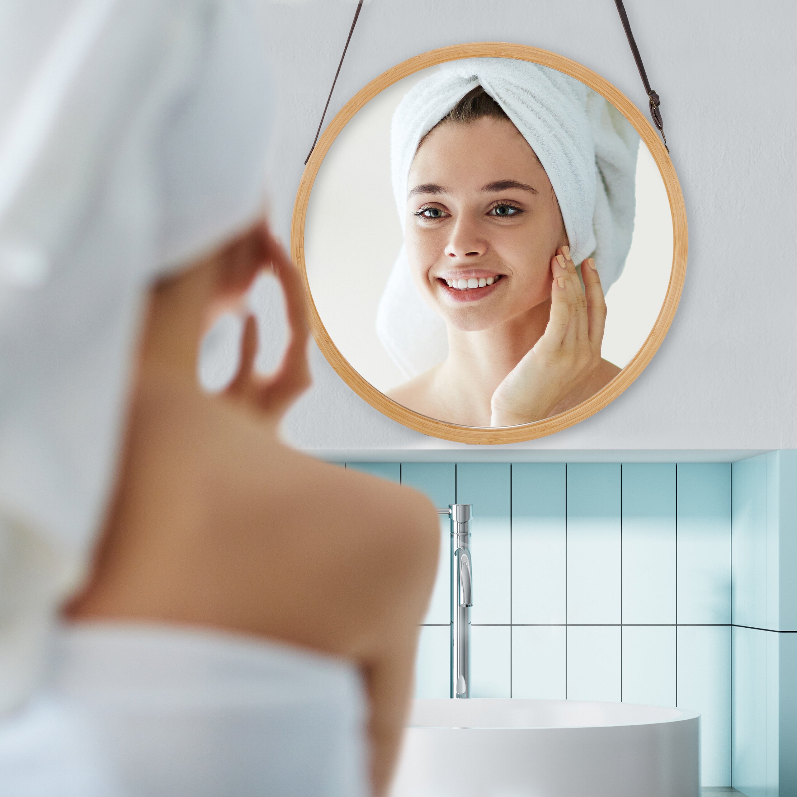 Miroir suspendu rond, sangle réglable, cadre bambou, entrée, salle de bain & WC, diamètre : 38 cm, nature, Relaxdays - 3