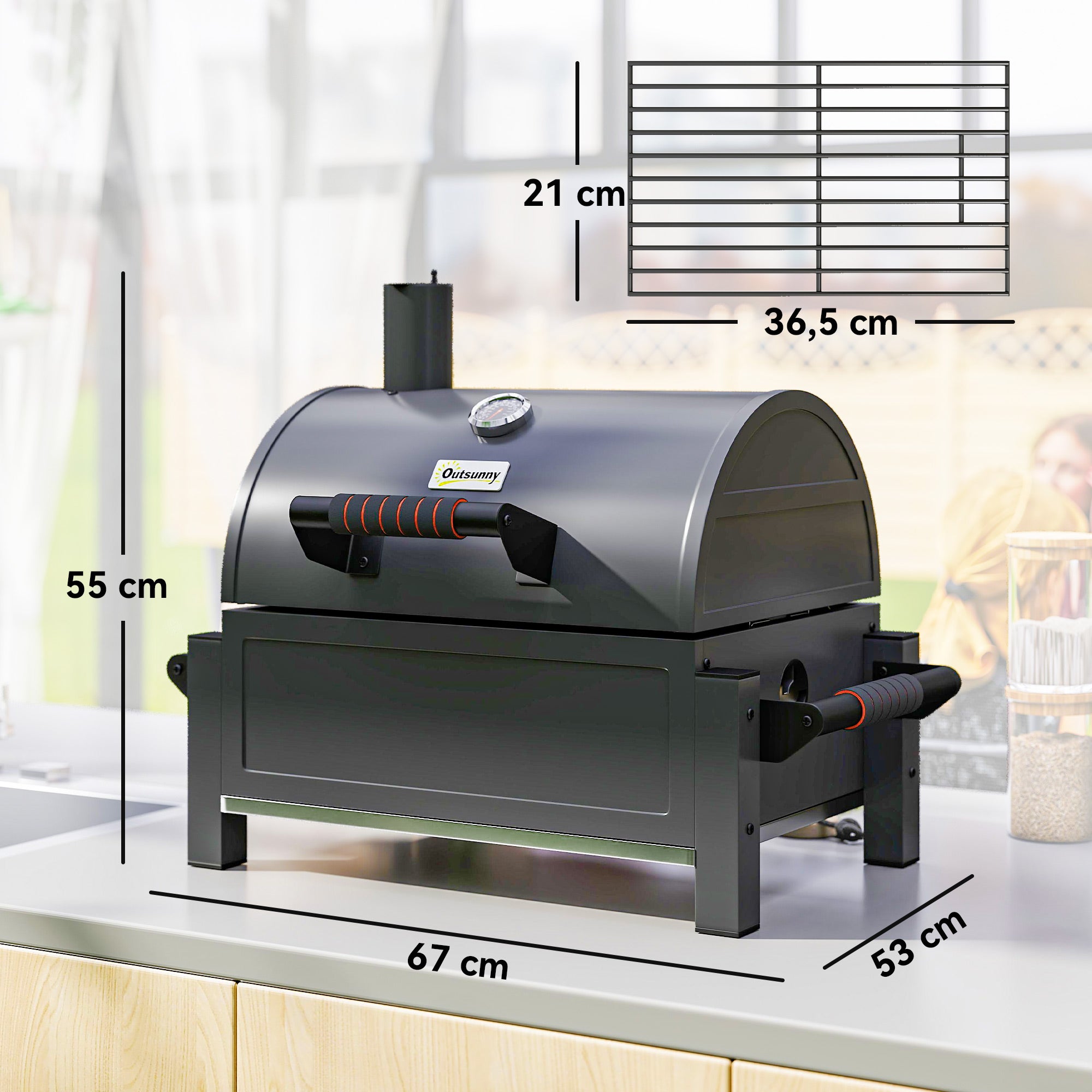Barbecue charbon de bois avec couvercle, grille de maintien au chaud, bac à cendres, thermomètre, inoxydable, 67 x 53 x 55 cm, noir/rouge - 4