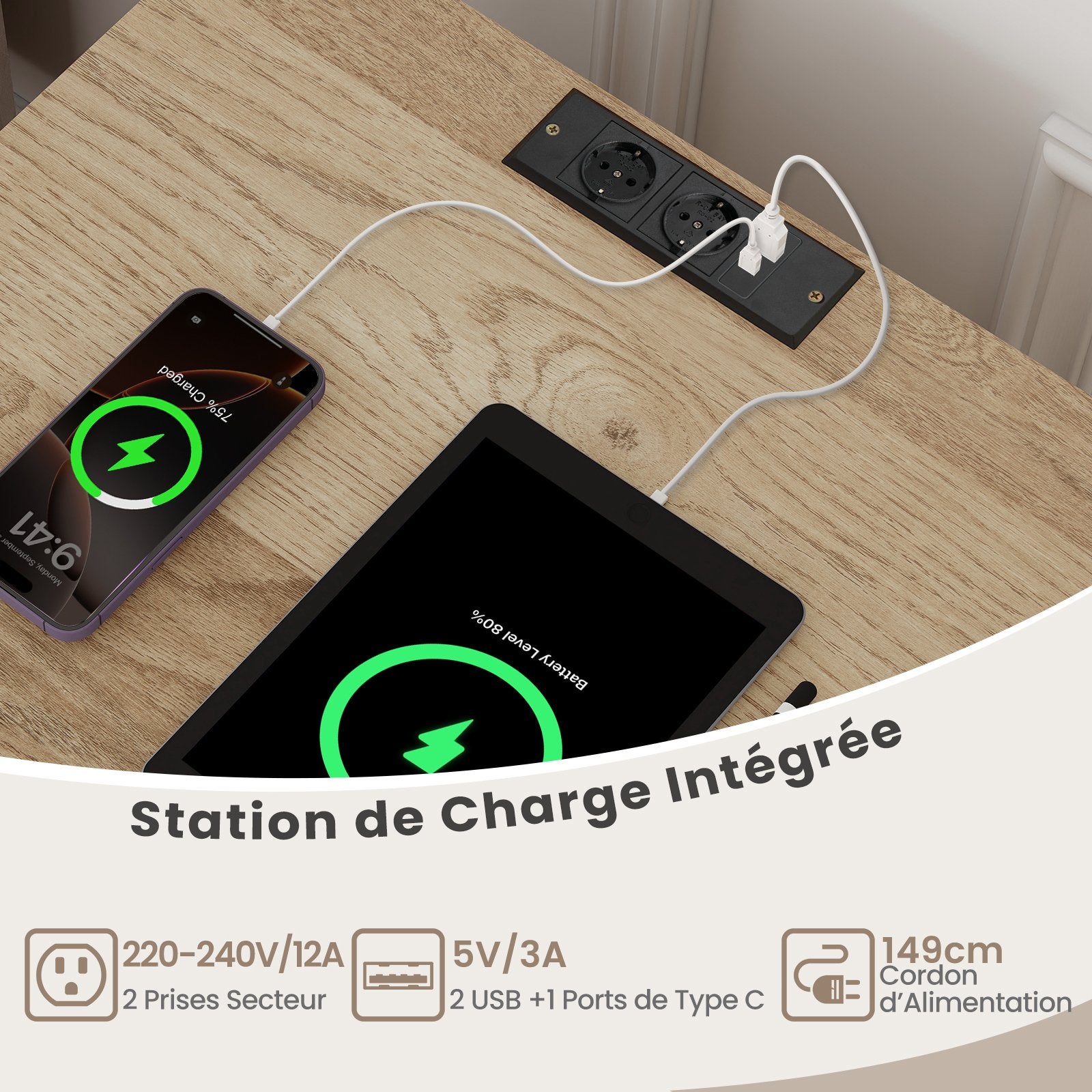 Meuble Platine Vinyles avec Station de Charge - 53x45x78,5cm-2 Prise, 2 USB & 1 Type C - Support Tourne-Disque 5 Compartiments - Kits Anti-basculement - 3