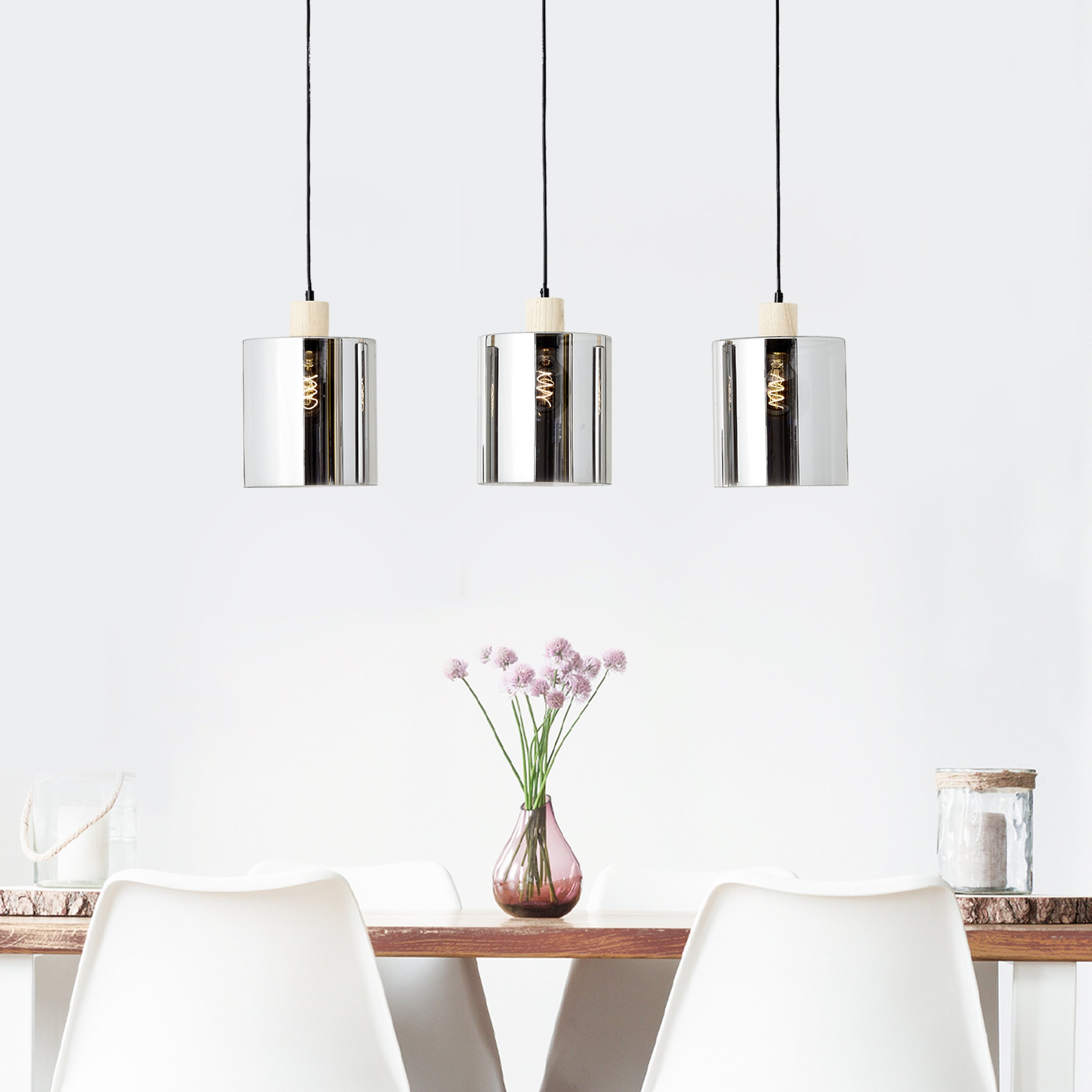 Brilliant Pendant Weald 3-płomienna czarna/dymna/drewniana/metalowa/szklana/drewniana 3x A60, E27, 40 W, pasuje do zwykłej żarówki (brak w zestawie) - 5