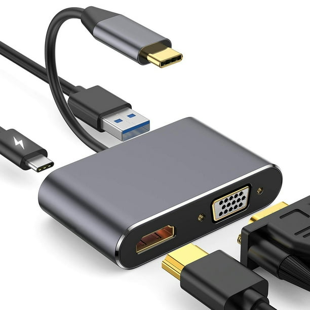 (czarny) Adapter USB Type C do HDMI VGA 4K, 4-w-1 USB-C do HDMI 4K przy 30 Hz, VGA 1080P przy 60 Hz, port USB 3.0 przy 5 Gb/s, ładowanie USB C PD 87 W