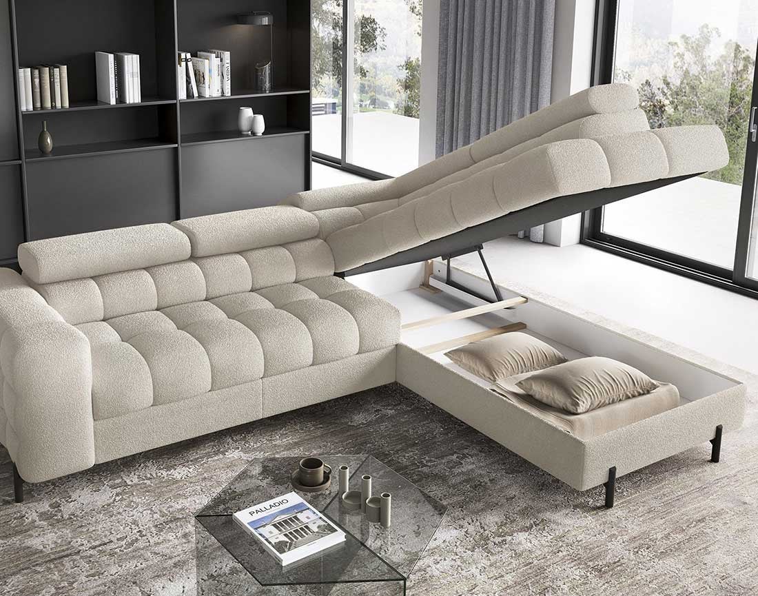 Canapé d'angle droit convertible 5 places en tissu bouclette beige - ELISA - Best Mobilier - 2