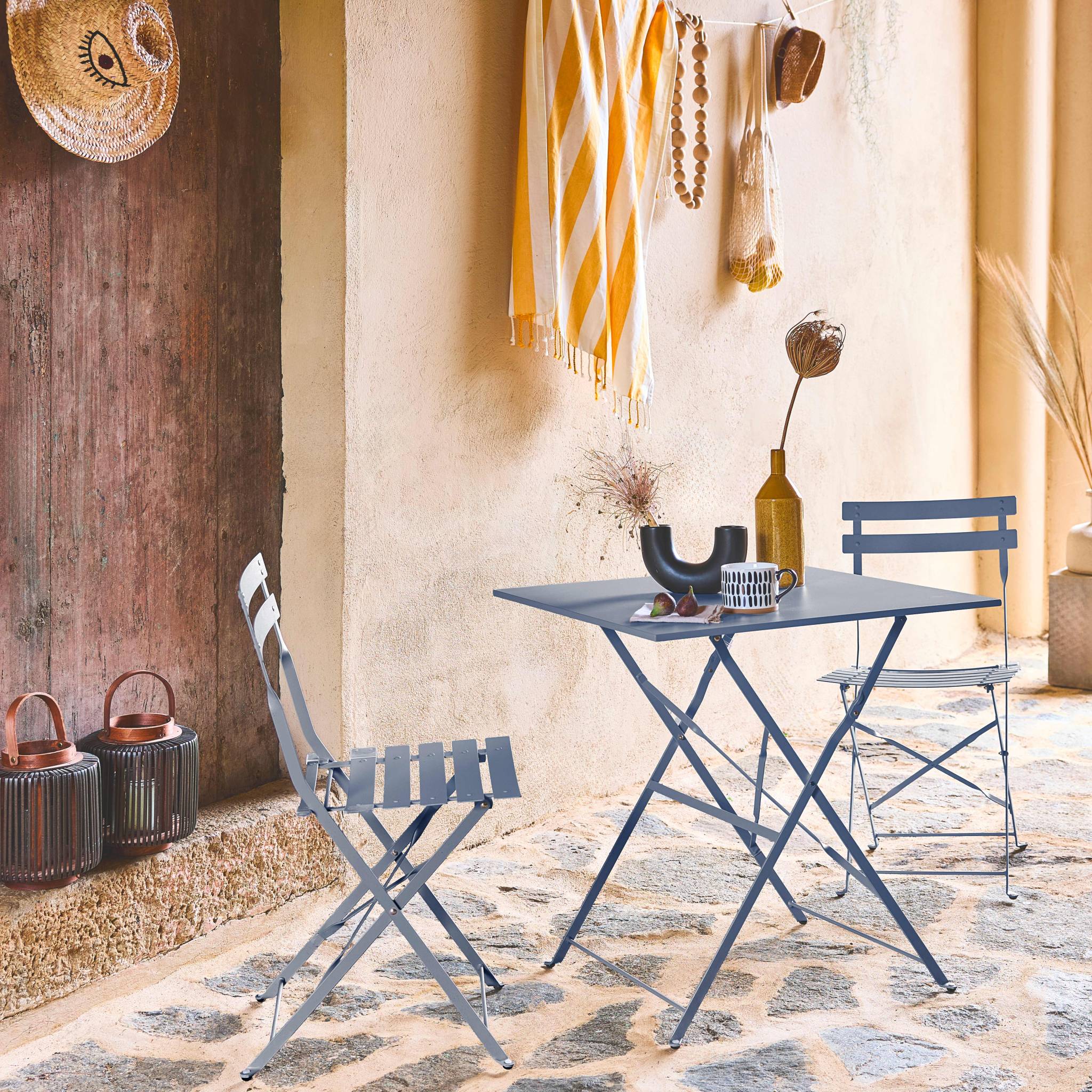 Table de jardin bistrot pliante métal + 2 assises bleu grisé 70 x 70cm. acier thermolaqué EMILIA - 2