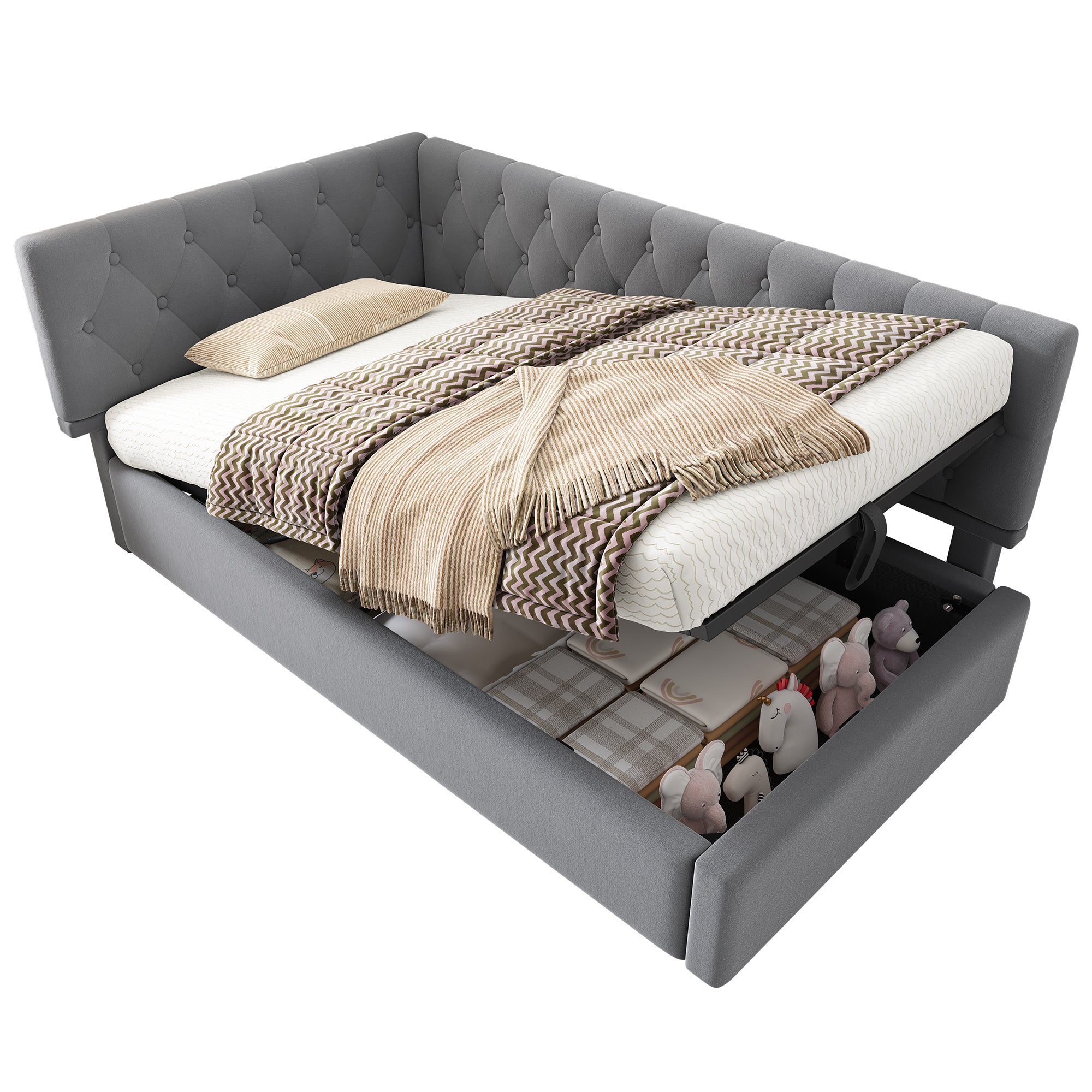 Divano Letto Grigio A L Multifunzionale 90x200 Cm – Estraibile In Velluto, Salvaspazio, Senza Materasso, Ideale Per Ospiti E Bambini