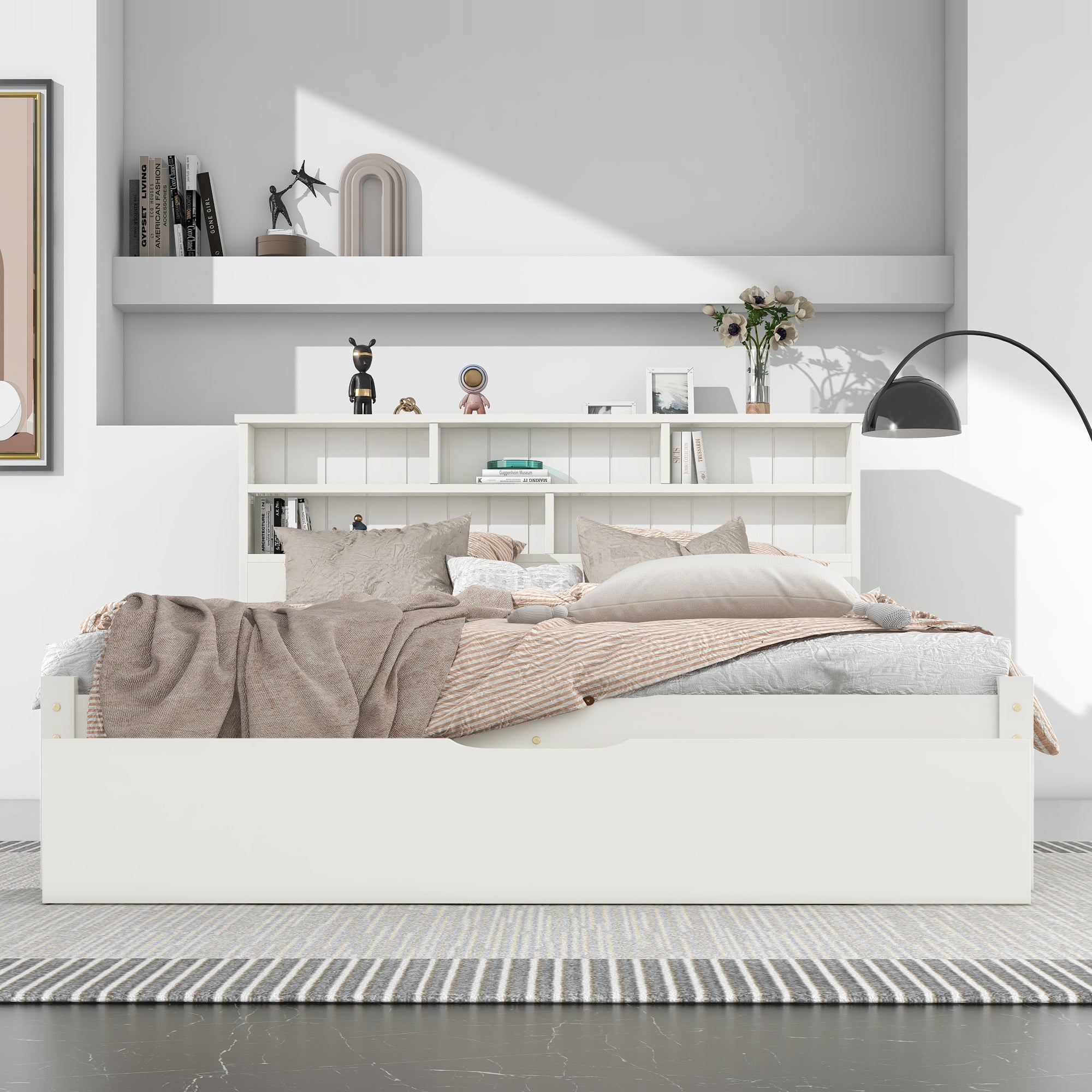 Lit Adulte Double 140x200 cm - Tiroir - Compartiments de Rangement - Sommier à Lattes - Blanc (Sans Matelas) - 2