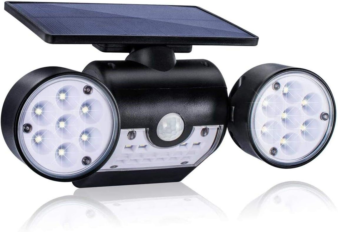 Solarna lampa zewnętrzna, solarna lampa ścienna zewnętrzna, z 30 wodoodpornymi reflektorami LED z podwójną głowicą, obrót o 360 stopni