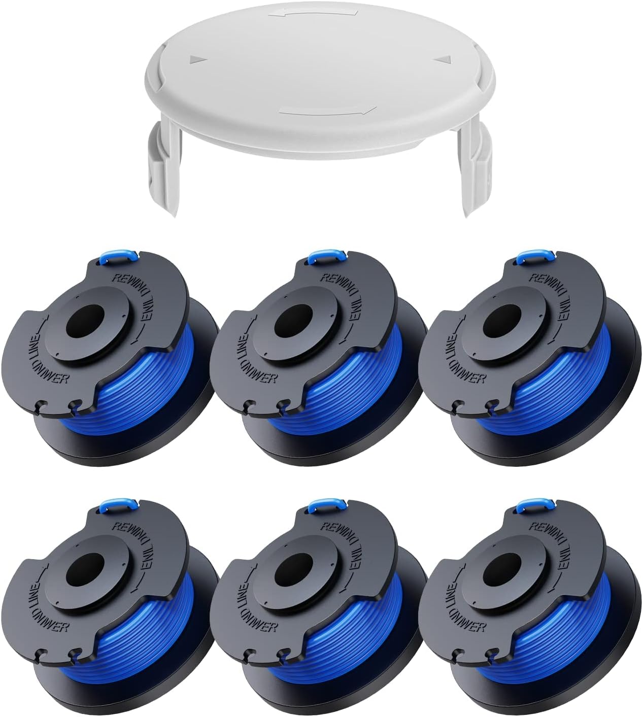 7 szpul z żyłką tnącą zamiennych (6 szpul z żyłką tnącą, 1 nasadka) do podkaszarek Ryobi One + AC14RL3A 18v 24v 40v, szpule Ø 1,6 mm, długość 20,11 m