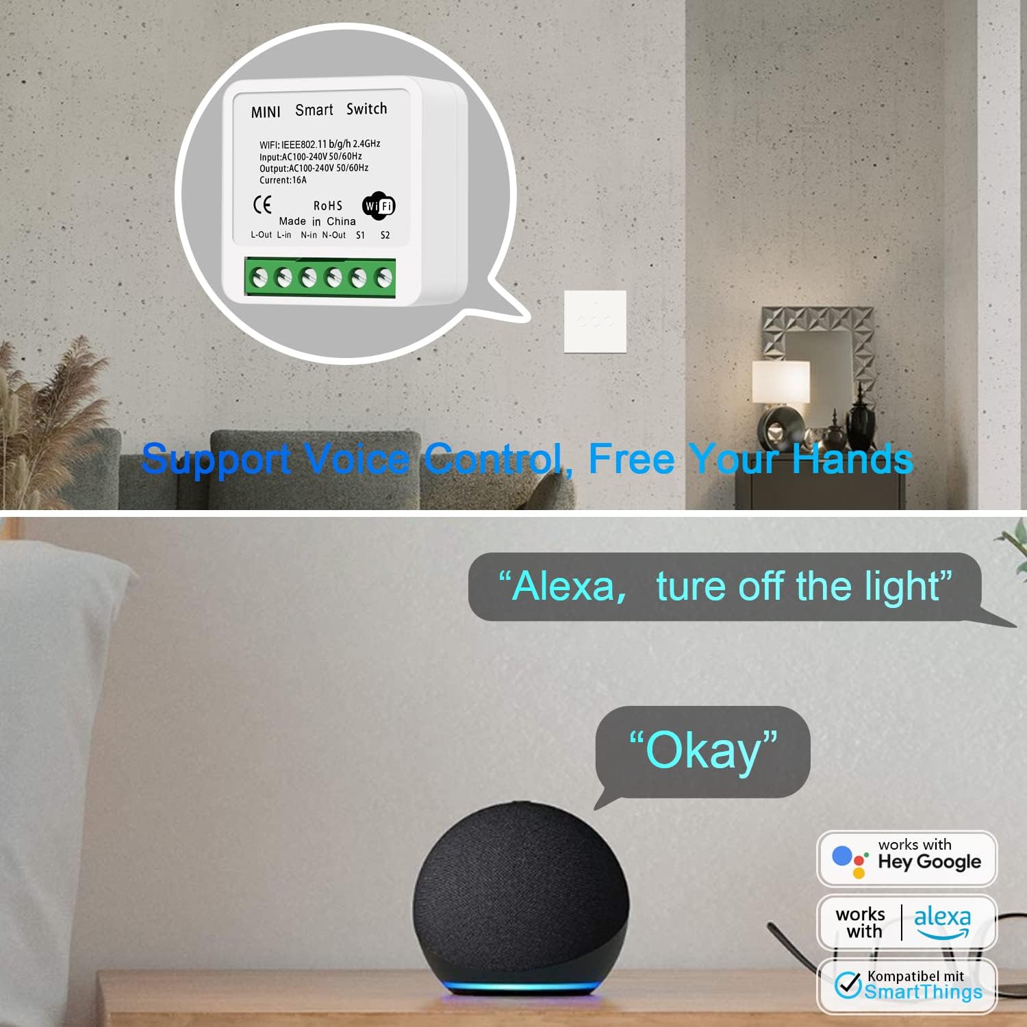 Interrupteur intelligent WiFi, compatible avec Alexa/Google Home, contrôle à distance via application, bidirectionnel 16A (lot de 4) - 3