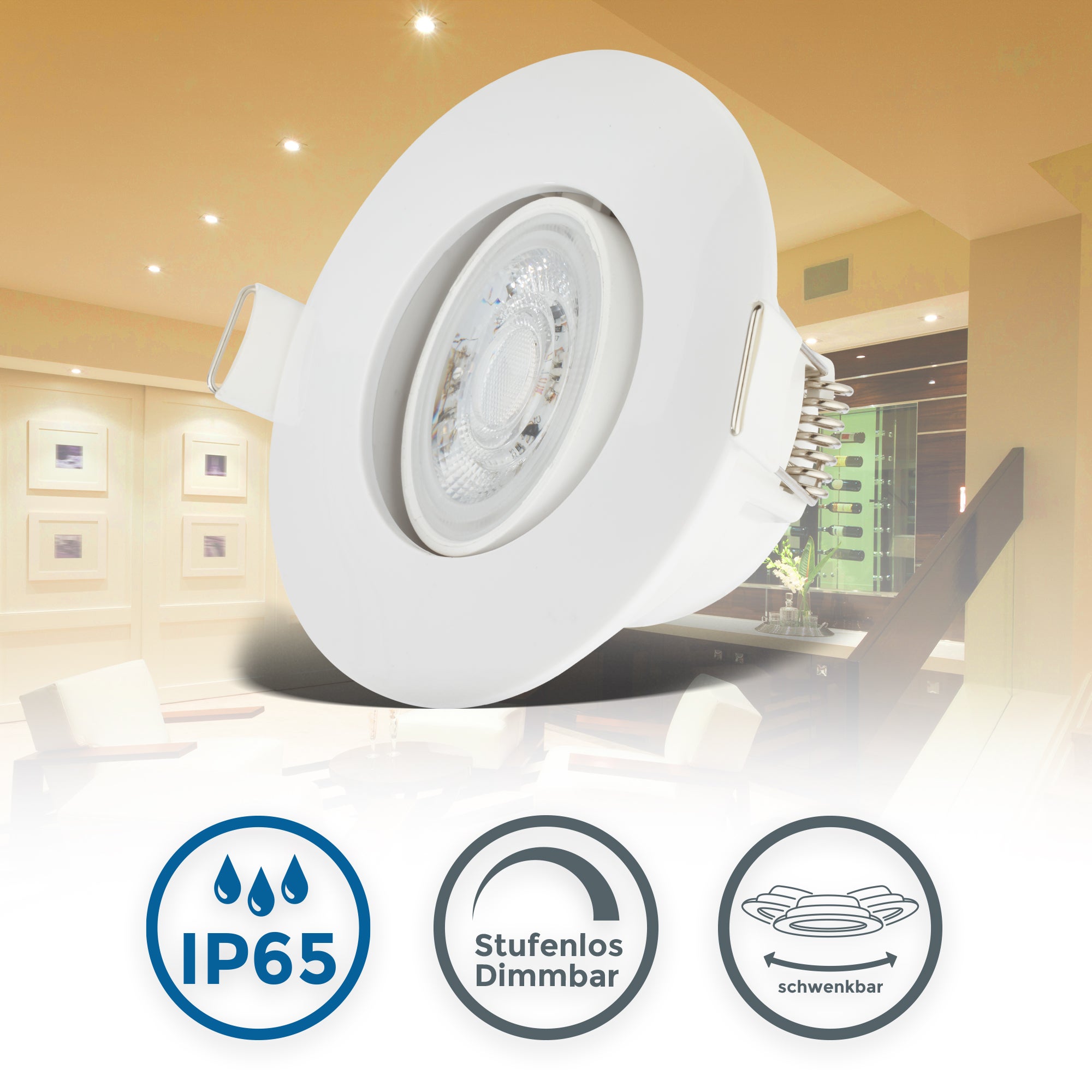 Set di 5 faretti LED da incasso - IP65 - D.90mm - Regolabili e dimmerabili - 4.9W 480lm ciascuno - Bianco caldo 3000K - B.K.Licht - 2