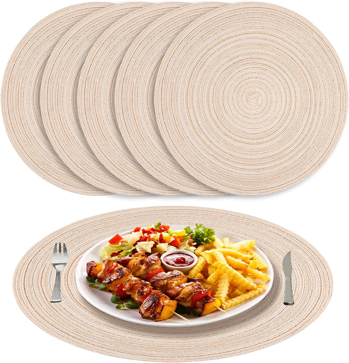 Zestaw beżowych okrągłych tkanych podkładek na stół o średnicy cm Antypoślizgowe odporne na ciepło i plamy Idealne na wesela do restauracji i kuchni