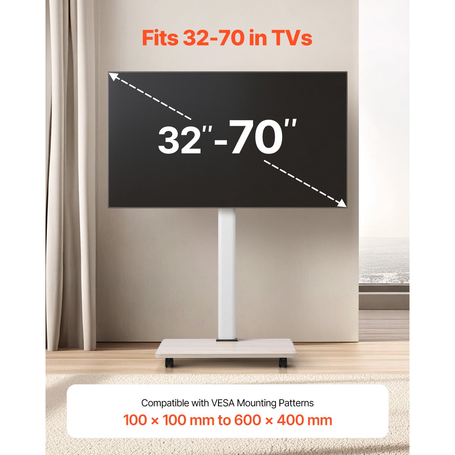 Support TV SucceBuy mobile a roulettes, compatible avec ecrans de 812,8 a 1778 mm, rotation laterale a 25°, capacite 45 kg, VESA jusqua 600 x 400 mm - 2