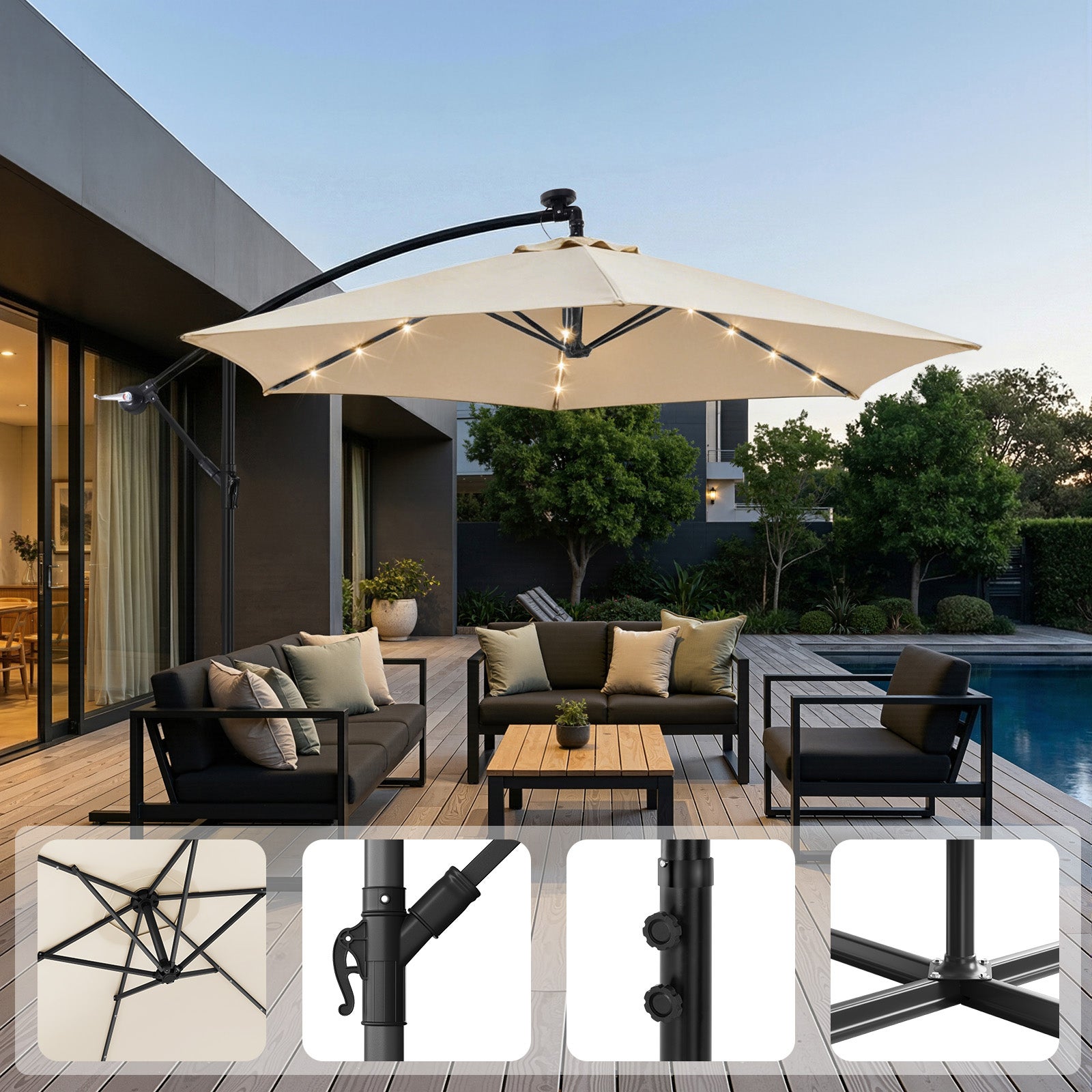 WOLTU Parasol Déporté, avec LED Solaire, Ф3m, Parasol de Jardin Extérieur, Hexagonal, Rotation à 360°, Beige - 3
