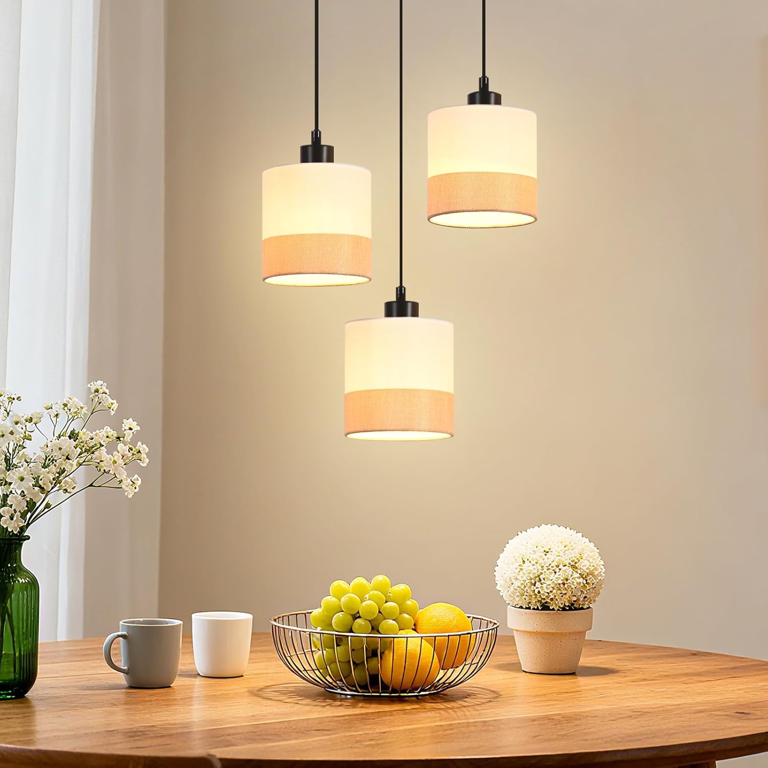 Nettlife Lampa Wisząca Vintage 3xE27, Biały Żyrandol Tkanina, Retro do Salonu i Kuchni (Brak żarówek)