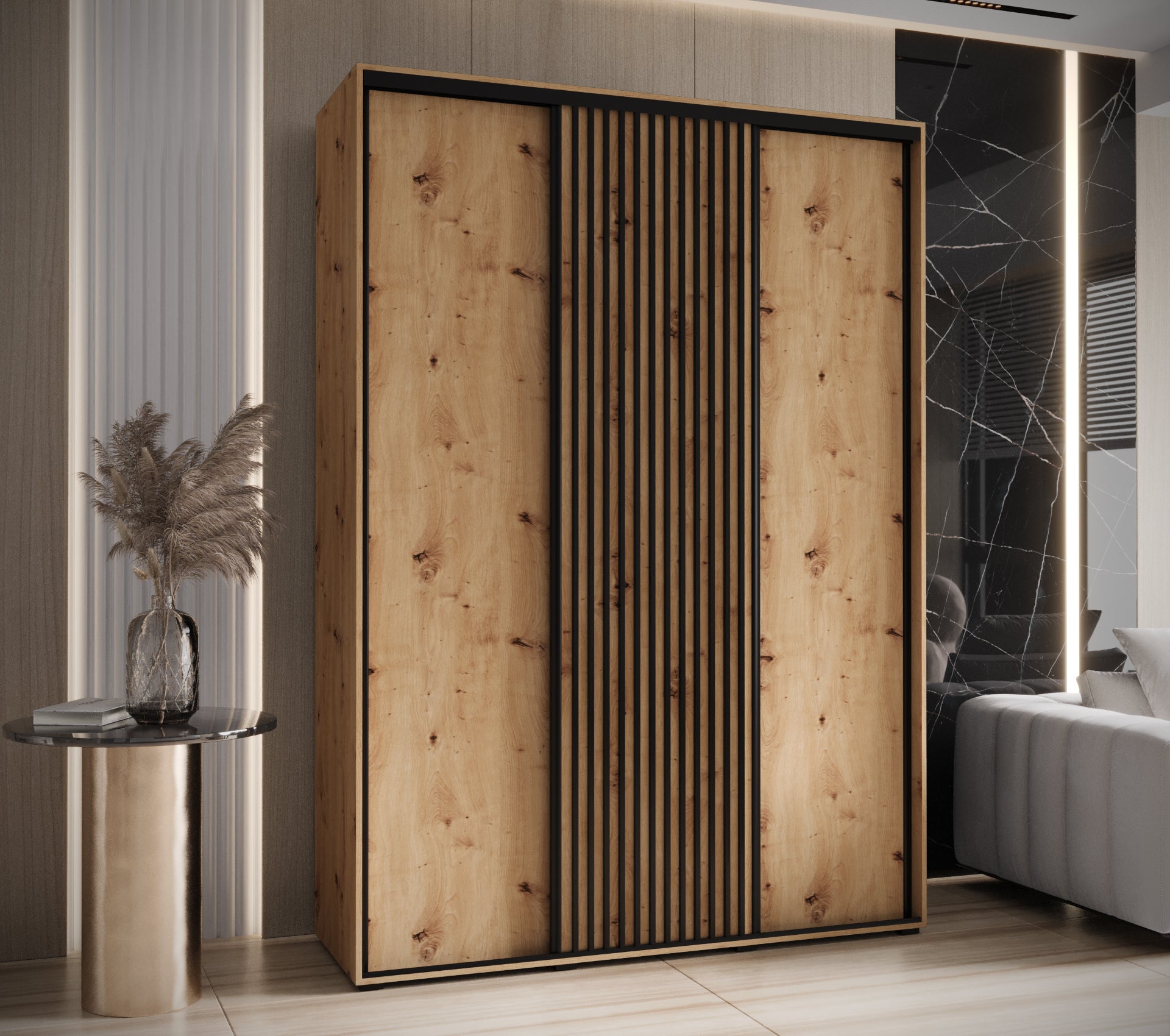 Szafa przesuwna wysoka Lanko 1 180 x 45 x 235,2 cm artisan + artisan + lamele czarny - Abiks Meble - 2
