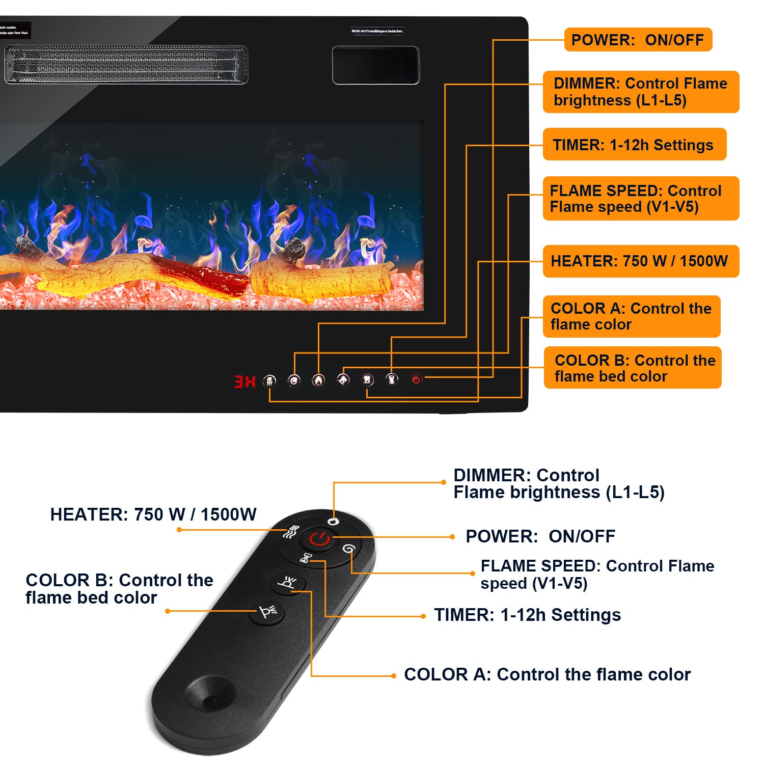Cheminée Electrique Murale 750/1500W 12 Couleurs de Flamme LED avec Télécommande et Minuterie 1 à 8 Heures Foyer Noir - 3