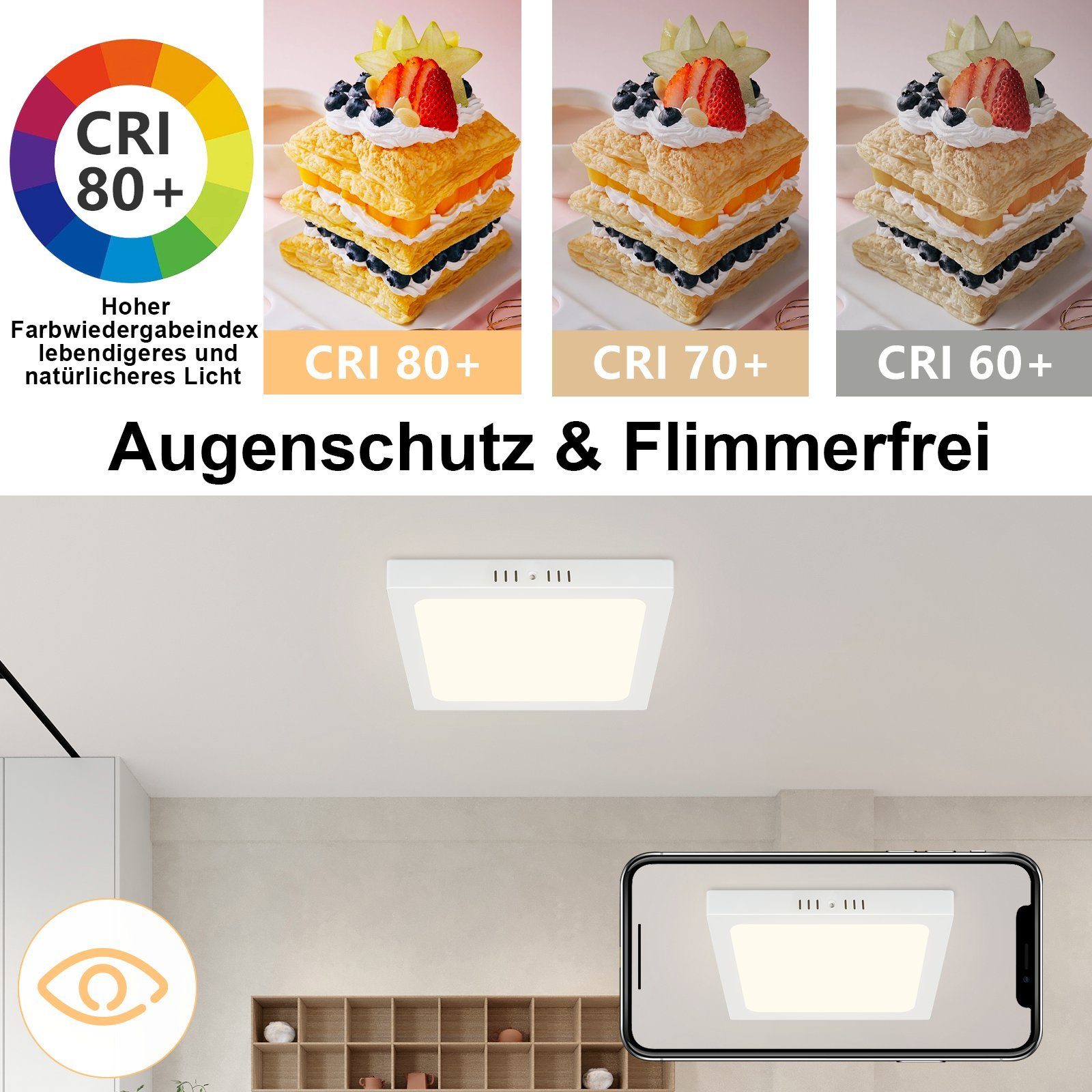 NETTLIFE Plafón LED Pack de 2, Cuadrado 23cm 18W, 4000K Blanco Neutro, Lámpara IP44 Impermeable para Baño, Cocina, Dormitorio y Oficina. - 5