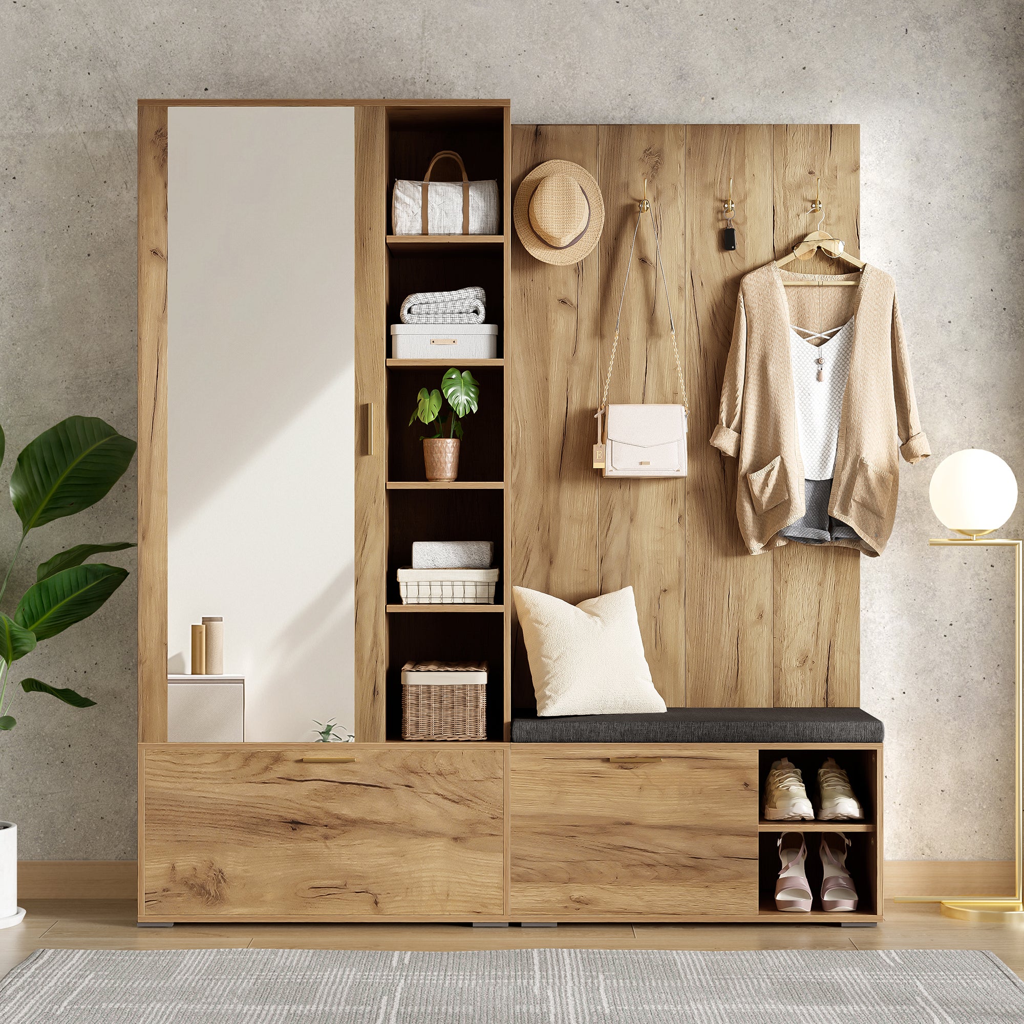 Set scarpiera con panca, specchio, 4 ganci, attaccapanni e 3 ante - 160 x 38 x 180 cm - Truciolare - Naturale - 4
