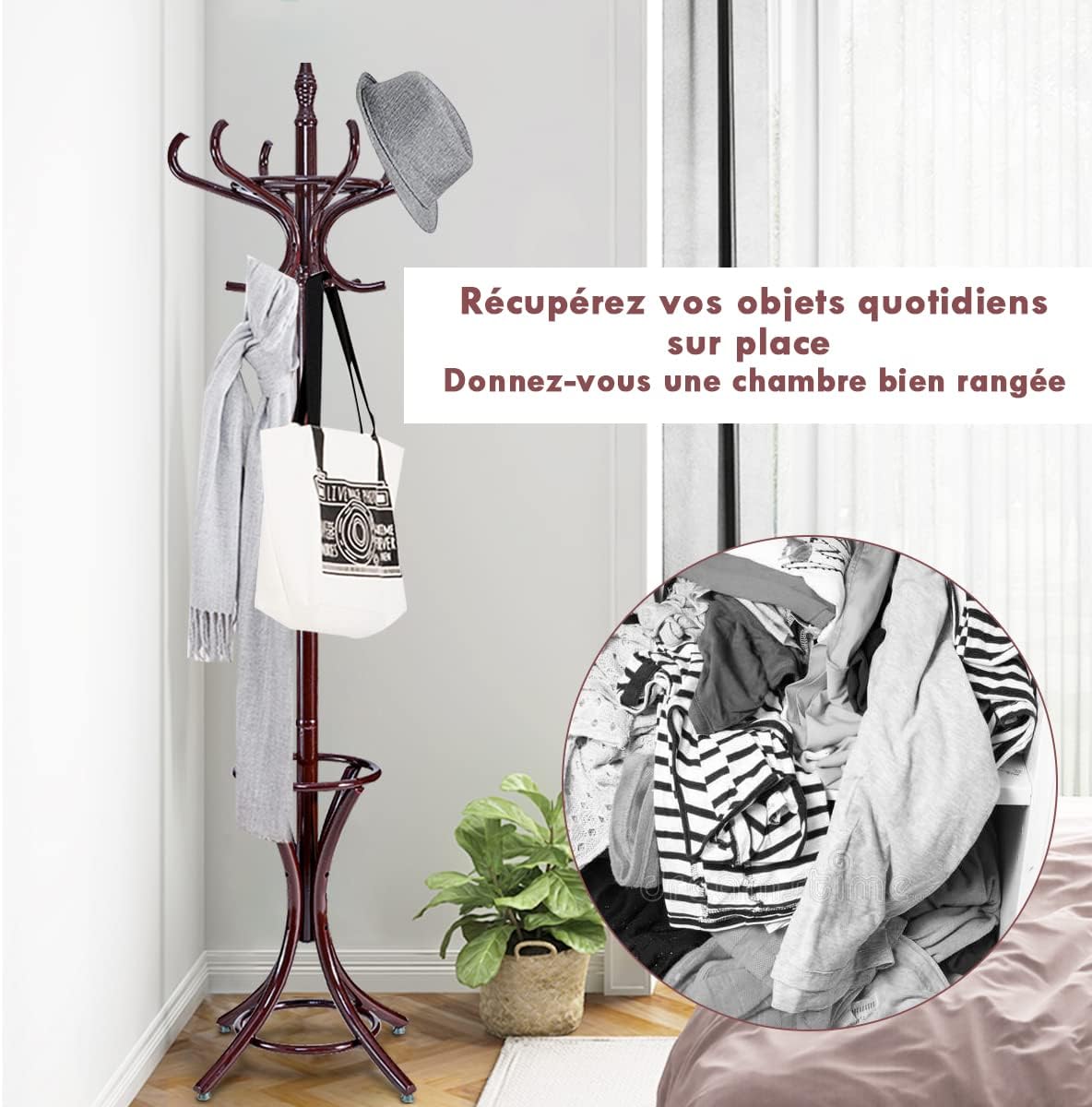 Porte Manteau sur Pieds avec 12 Crochets en Bois Massif, Base à 4 Pieds Stable, Portant à Vêtement pour Manteaux Chapeaux Parapluie, 51 x 51 x 184 CM - 5
