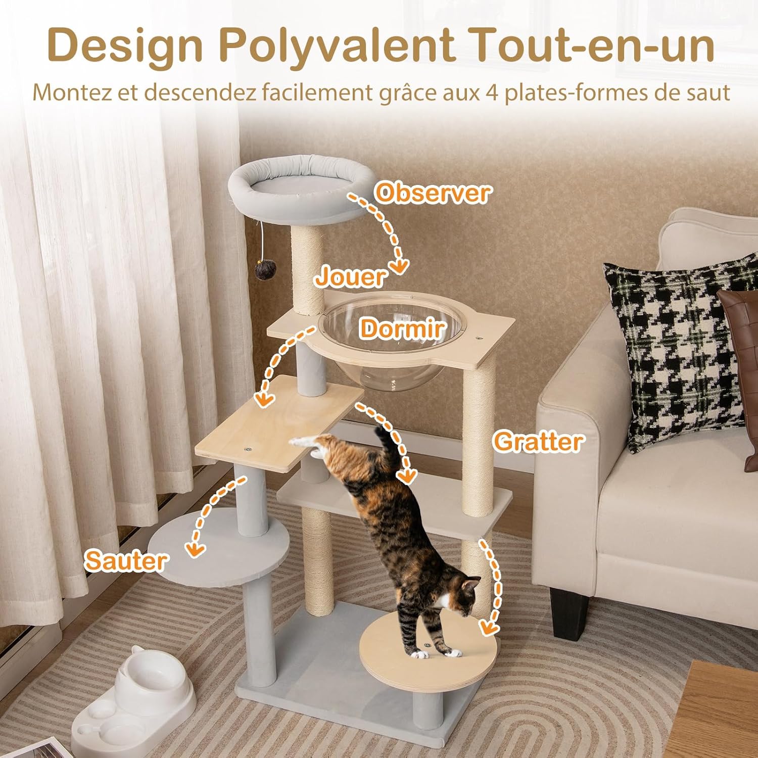 Tiragraffi per Gatto Alto 113 cm con Capsula Spaziale, Albero Tiragraffi Gatti con 4 Pali in Sisal, Piattaforme, Trespolo e Pompon, Torre Gatt - 3