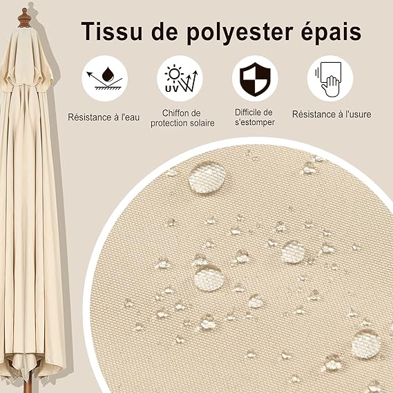 parasol inclinable ø2,7m toile polyester imperméable avec cordon de serrage 8 baleines ventilation pour jardin cour beige - 4