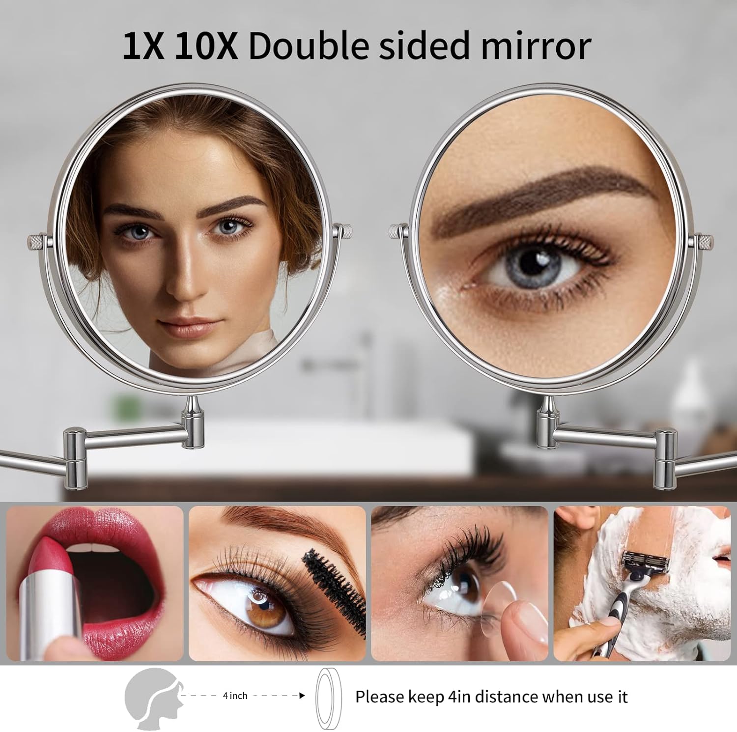 Lustro ścienne do makijażu z powiększeniem 10x, obrotowym przedłużeniem 360°, chromowane, średnica 15 cm