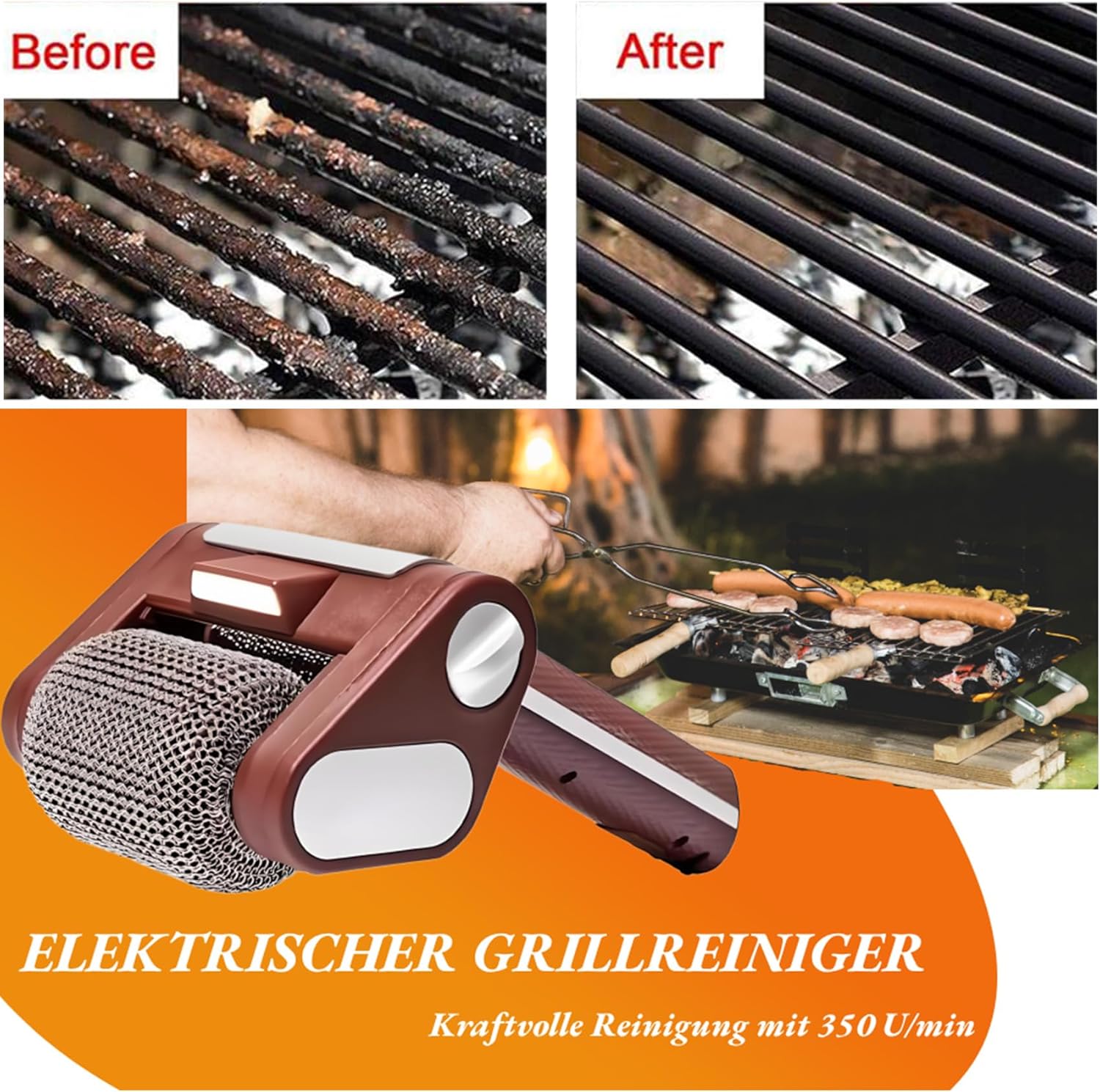 Brosse Barbecue Électrique, 2600 mAh Brosse Électrique Rechargeable pour Barbecue 350 TR/Min Acier Inoxydable 304 sans Poils - 4