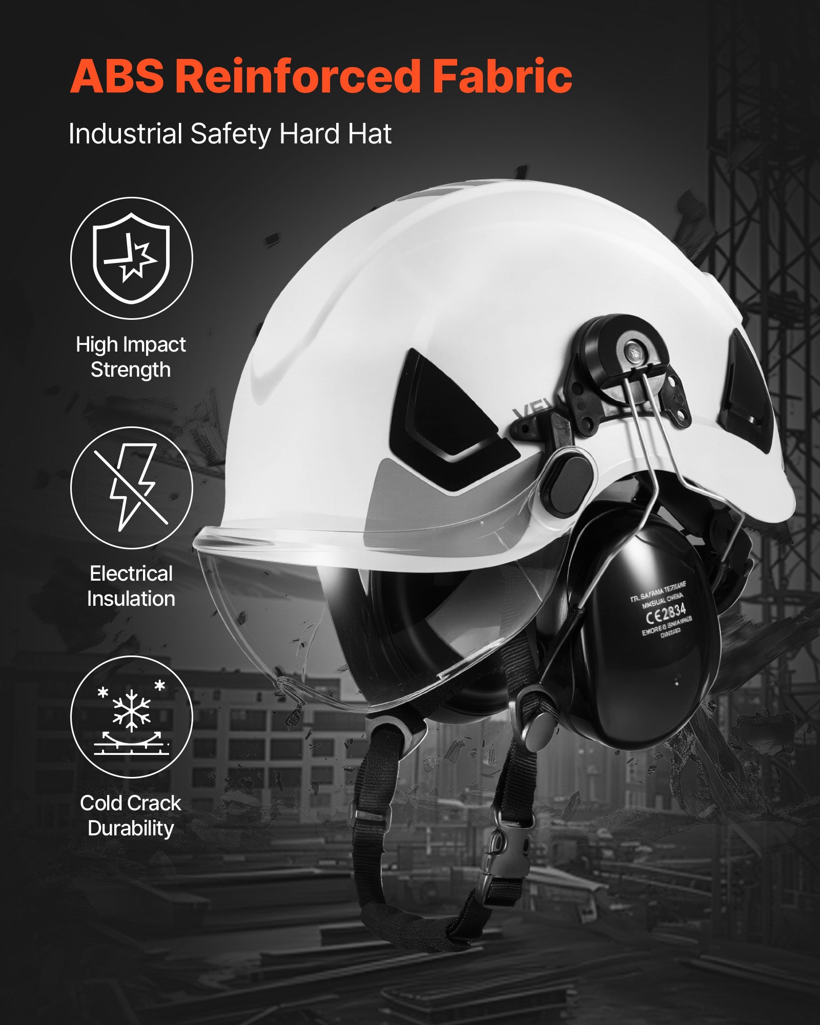 Casque de Sécurité Industriel VEVOR ABS Certifié ANSI/ISEA Z89.1 avec Visière, Cache-Oreilles et Suspension à Cliquet 6 Points Ajustable et Ventilée - 3