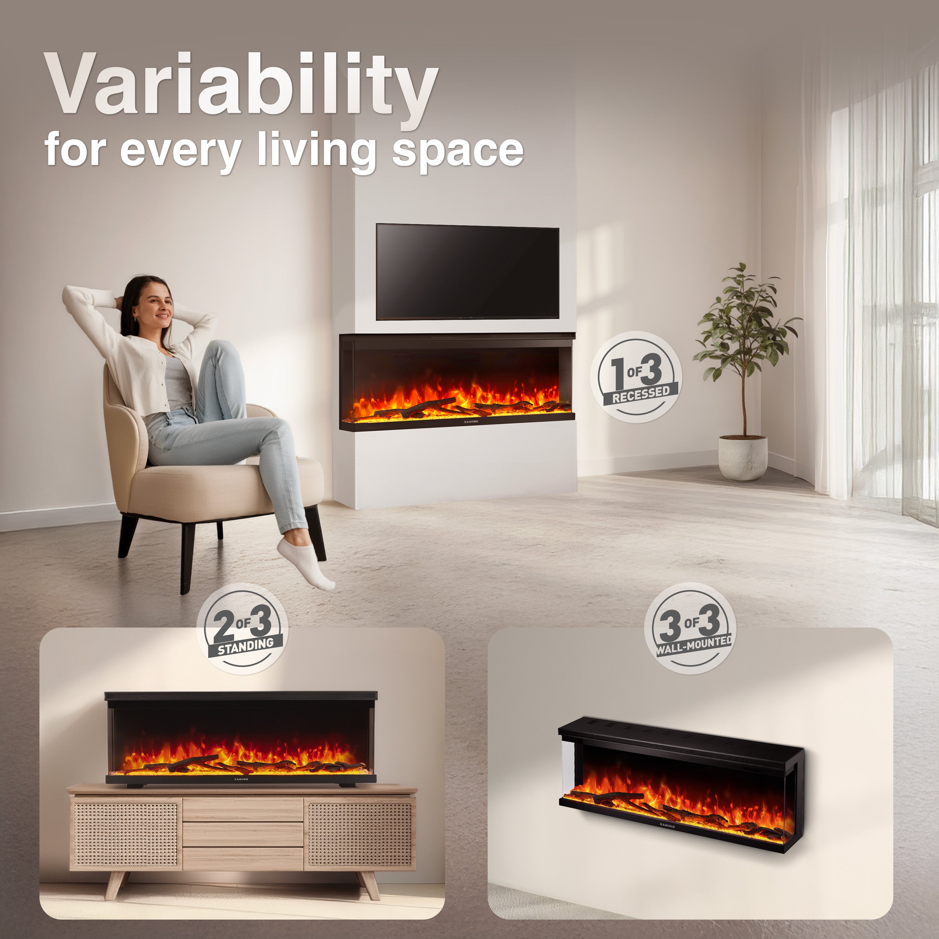 KAMINIO Chimenea eléctrica LEA - Chimenea 3en1 con vista panorámica, calefacción, llama 3D, 12 colores de llamas, mando a distancia - 50 pulgadas - 2