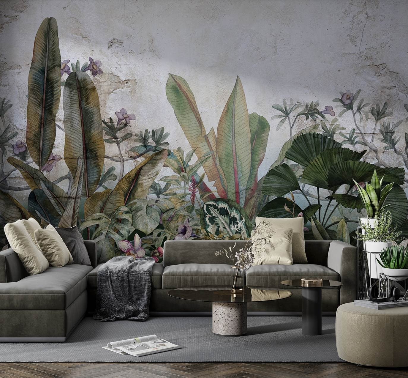 Papier peint mural, Monstera laisse un mur en béton - 200x140 - 2