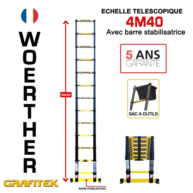Echelle Télescopique Woerther 4m40 + Sac porte-outils - Avec Barre Stabilisatrice - Qualité Supérieure - Garantie 5 ans