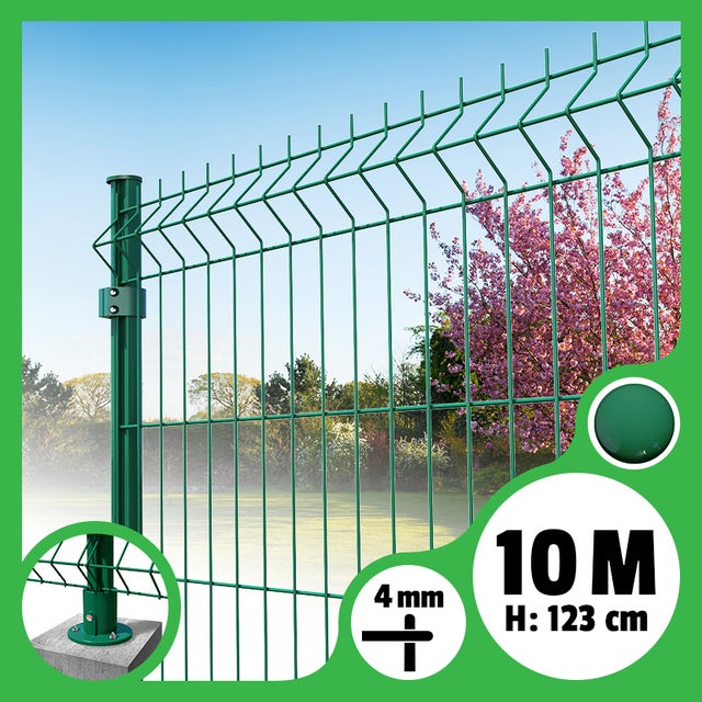Kit grillage rigide poteaux ronds - longueur 10 mètres - 123 cm, Vert, A visser ( platines fournies )