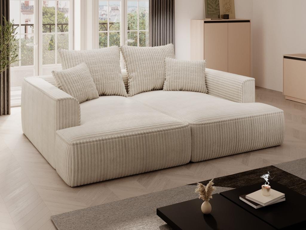 Canapé d'angle réversible poufs à droite en velours côtelé beige | Maison et Styles Canapé d'angle réversible poufs à droite en velours côtelé beige | Maison et Styles