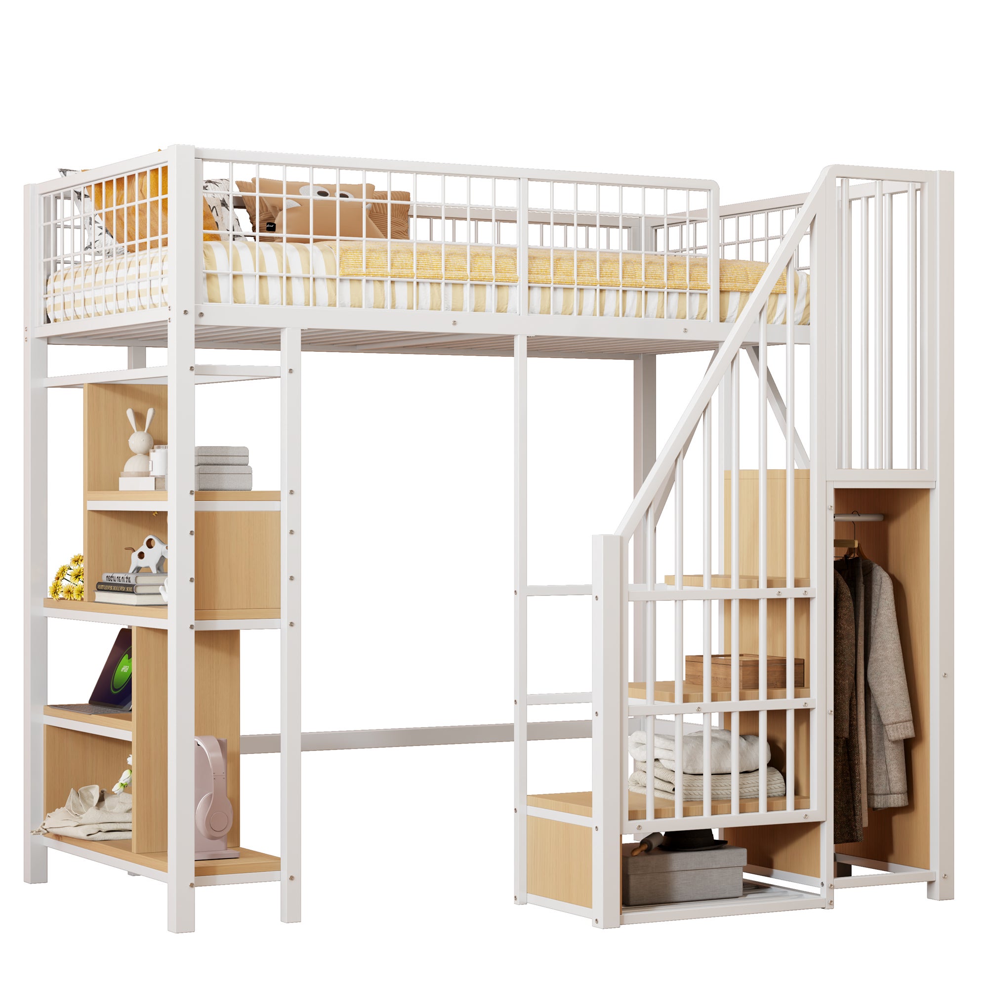 Lit mezzanine multifonction 90 x 200 cm, lit en métal avec rangements, étagères et escalier, lit adulte et lit enfant, blanc - 8