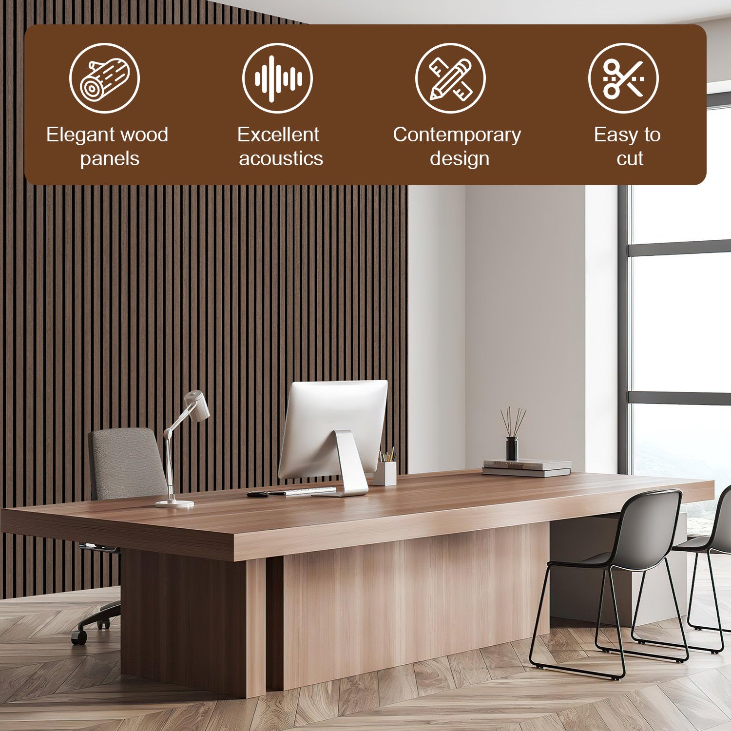 Lote de 4 paneles acústicos autoadhesivos para paredes listones MDF modernos de madera 120 x 60 x 2,1 cm - Panel MDF con chapa de madera de nogal - 4