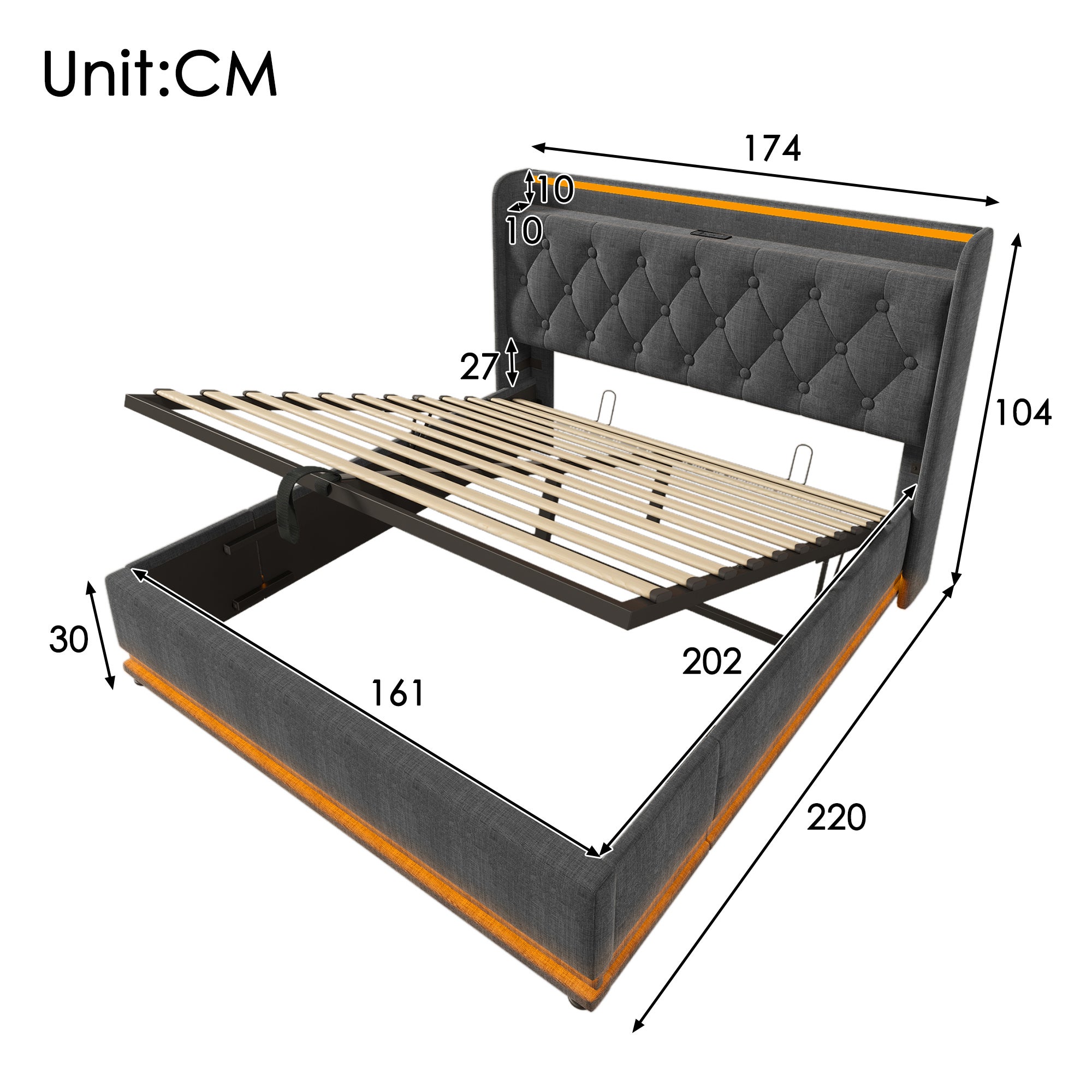 Cama con almacenaje de lino 160x200 cm - con LED y enchufes USB y tipo C - Gris - 5