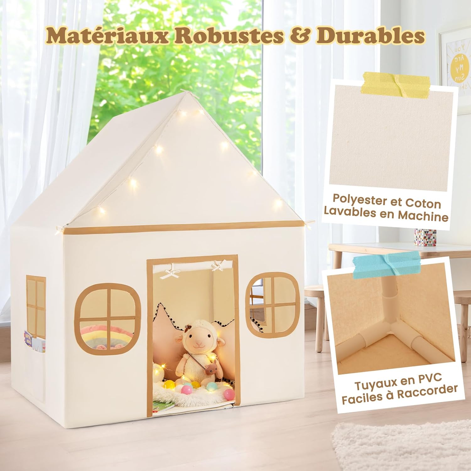 Cabana infantil para interior, tenda infantil com 10 estrelas luminosas e tapete macio, tenda de brincar para crianças com mais de 3 anos (bege) - 5
