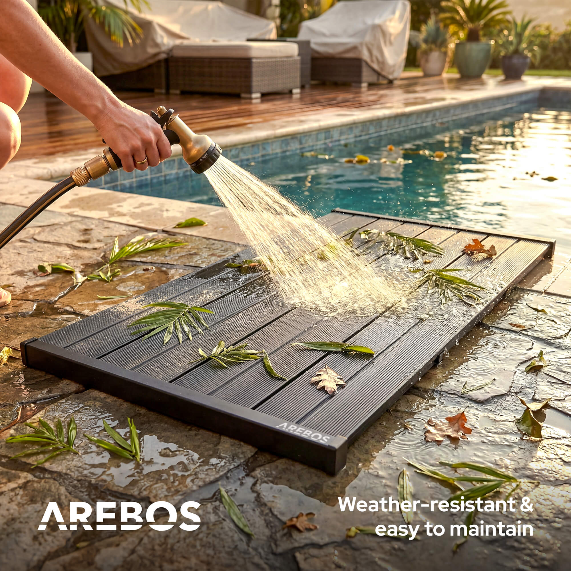 AREBOS dalle de sol pour douche de jardin | antidérapante et hydrofuge | dalle en PVC, résistante aux intempéries et stable - 8
