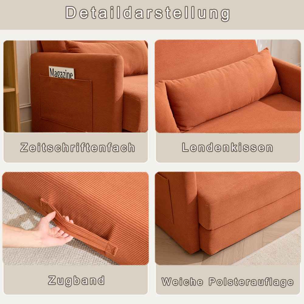 Sofá cama moderno laranja 2 lugares, tecido poliéster, braços quadrados, com almofadas lombares e bolsos, ideal para sala de estar - 4