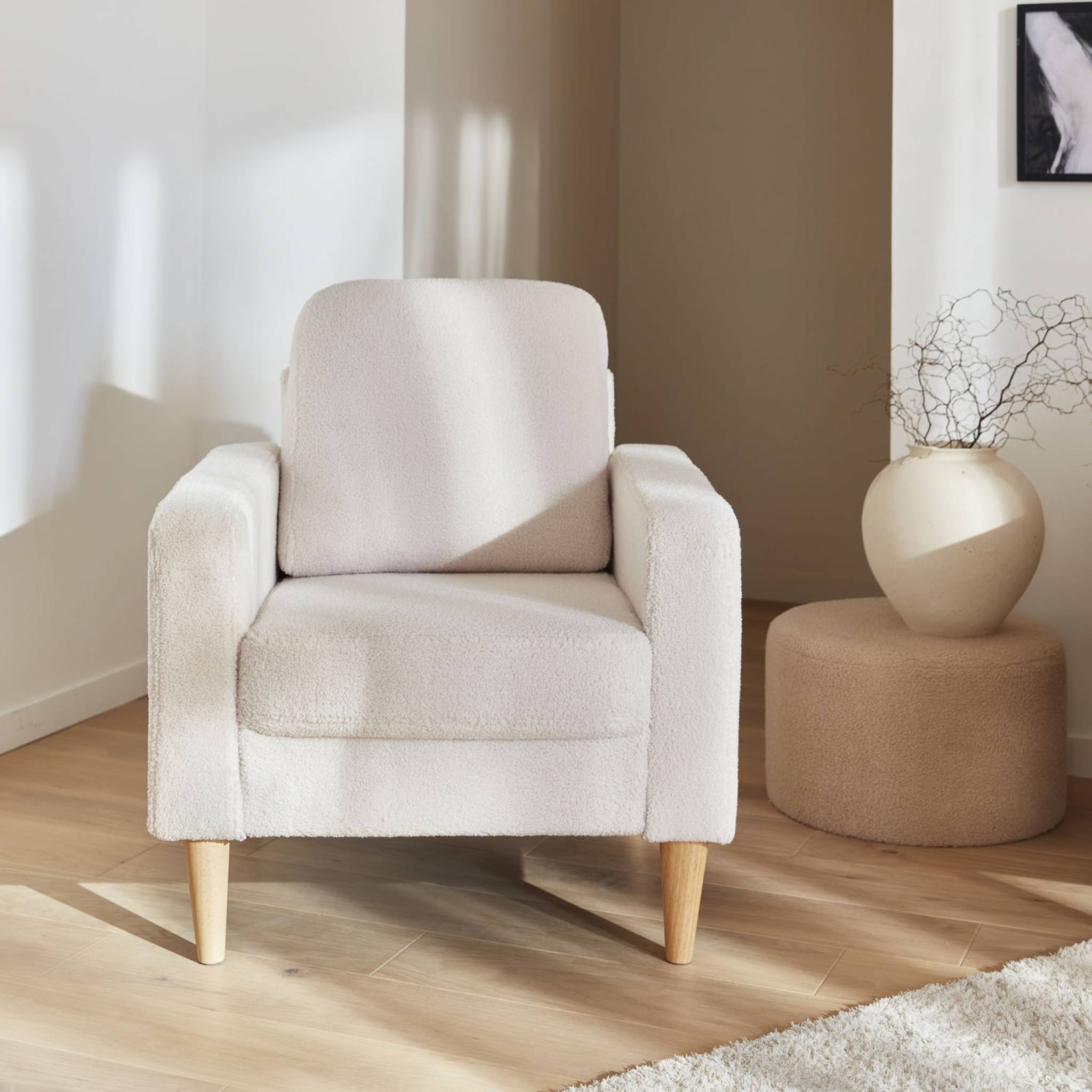 Fauteuil à bouclettes crème. scandinave - Bjorn - Canapé 1 place fixe droit pieds bois - 3