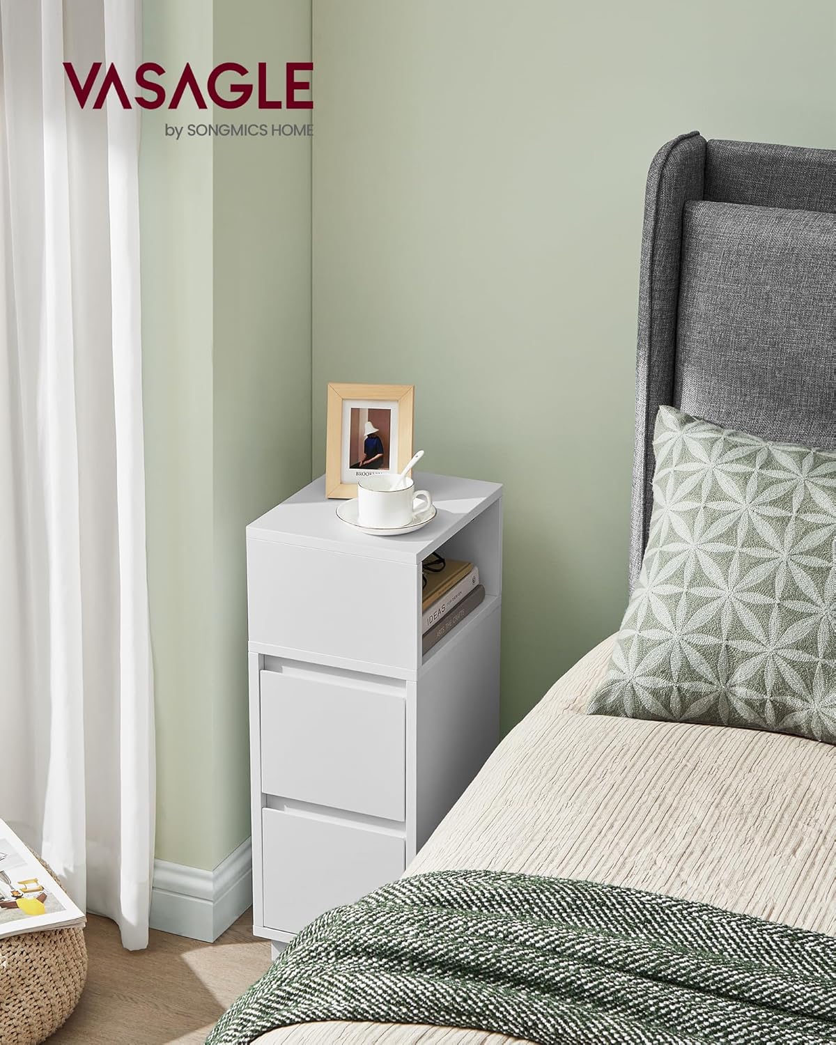 Mesita de Noche Estrecha, Mesa Auxiliar con 2 Cajones y Compartimento Abierto, Encajable a la Izquierda o a la Derecha, Dormitorio, Salón, Blanco Nube - 3