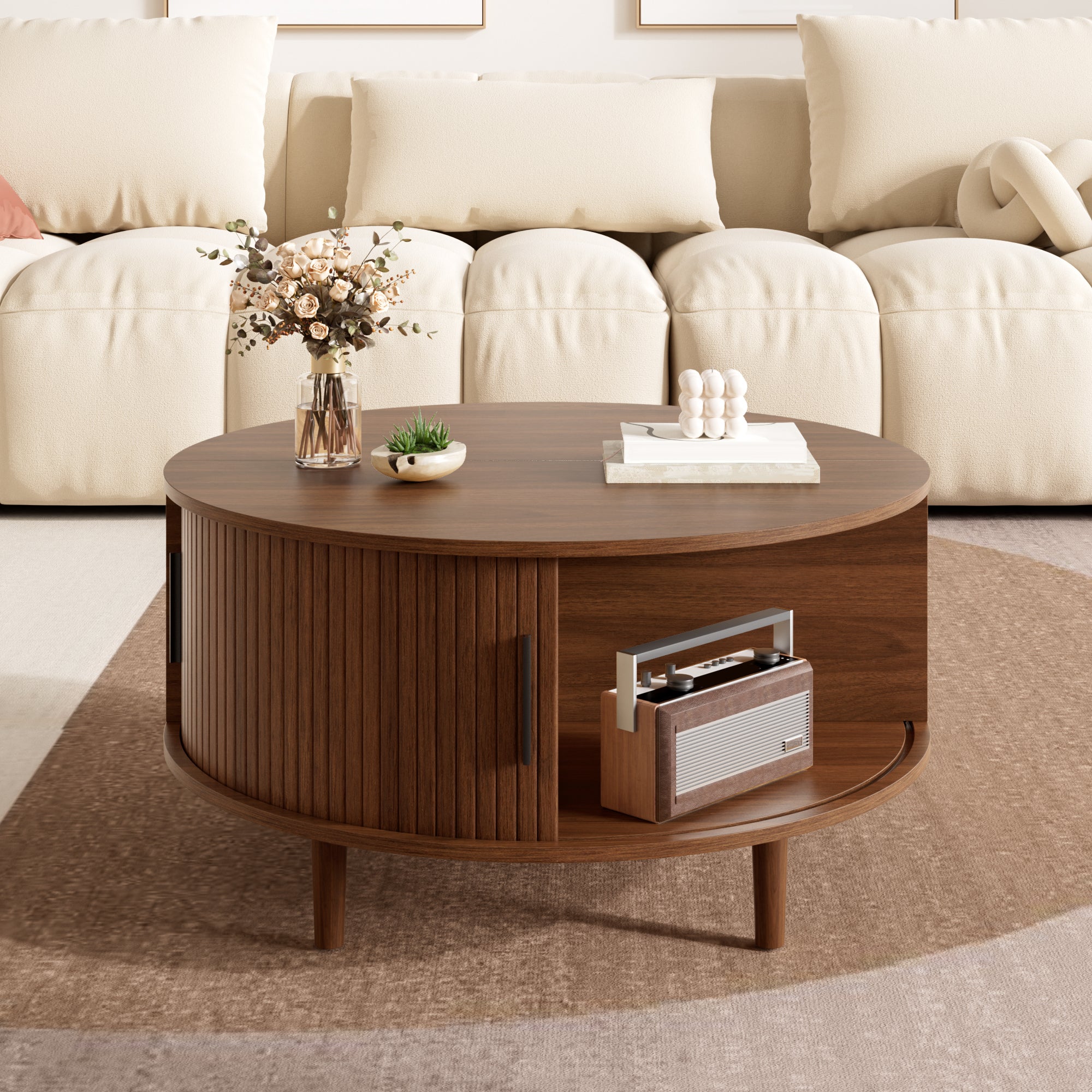 Table basse ronde réglable 80x80x59 cm avec tiroir coulissant , rangement intégré, MDF, Noyer - 4
