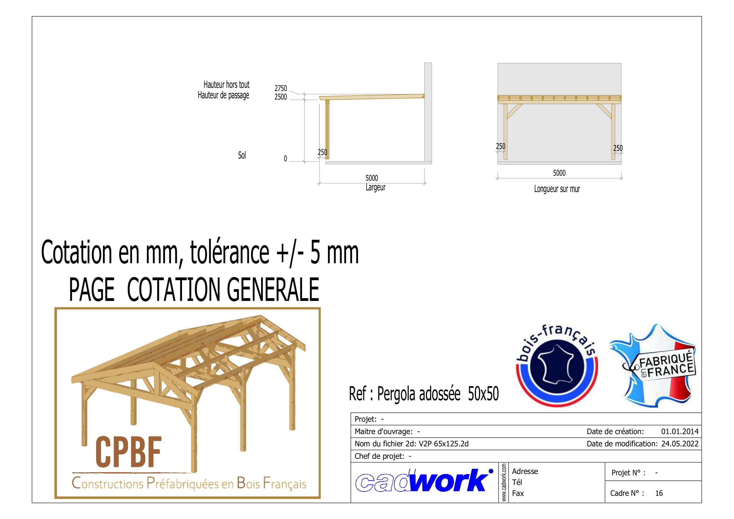 Charpente pergola adossée 500cmx500cm, Bois DOUGLAS Français label PEFC (Carport - Auvent - Abri terrasse), surface 25 m². - 2