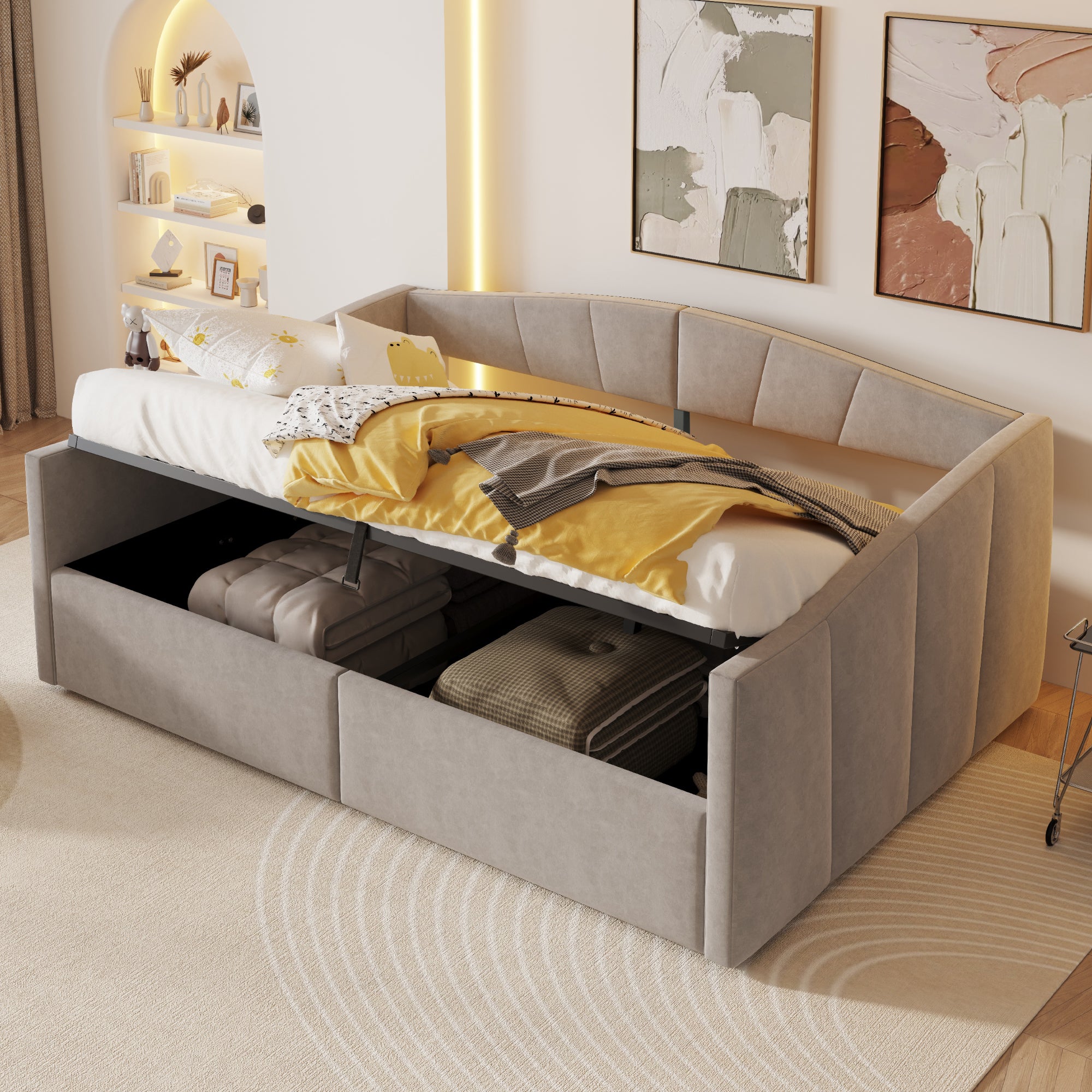 Łóżko ze schowkiem 140 x 200 cm z wezgłowiem i podłokietnikami, sofa rozkładana - Aksamit - Jasnoszary (Bez materaca)
