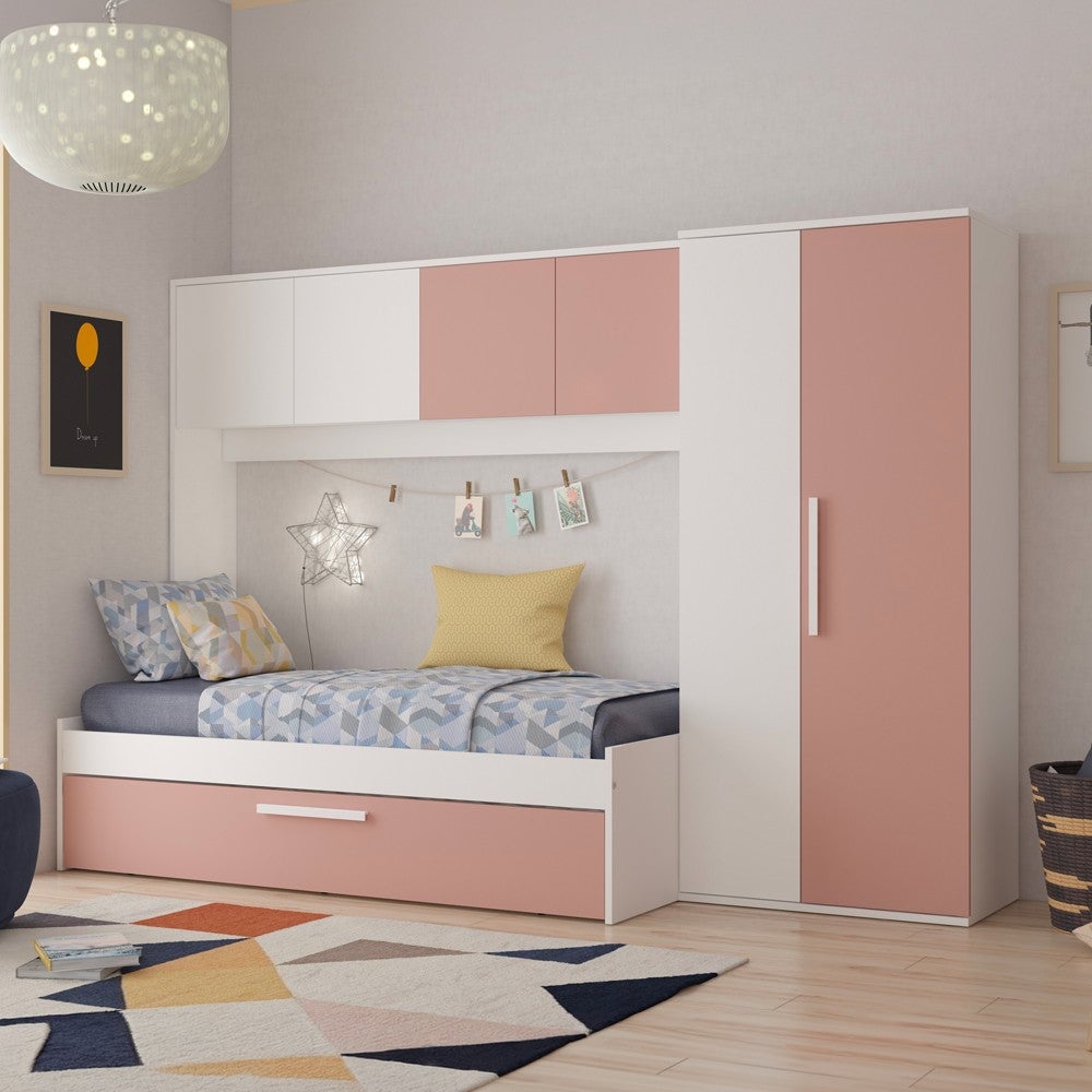 Angolare Letto A Ponte Bambina Cameretta A Ponte Angolare Salvaspazio Bianca E Rosa Montefioredesign