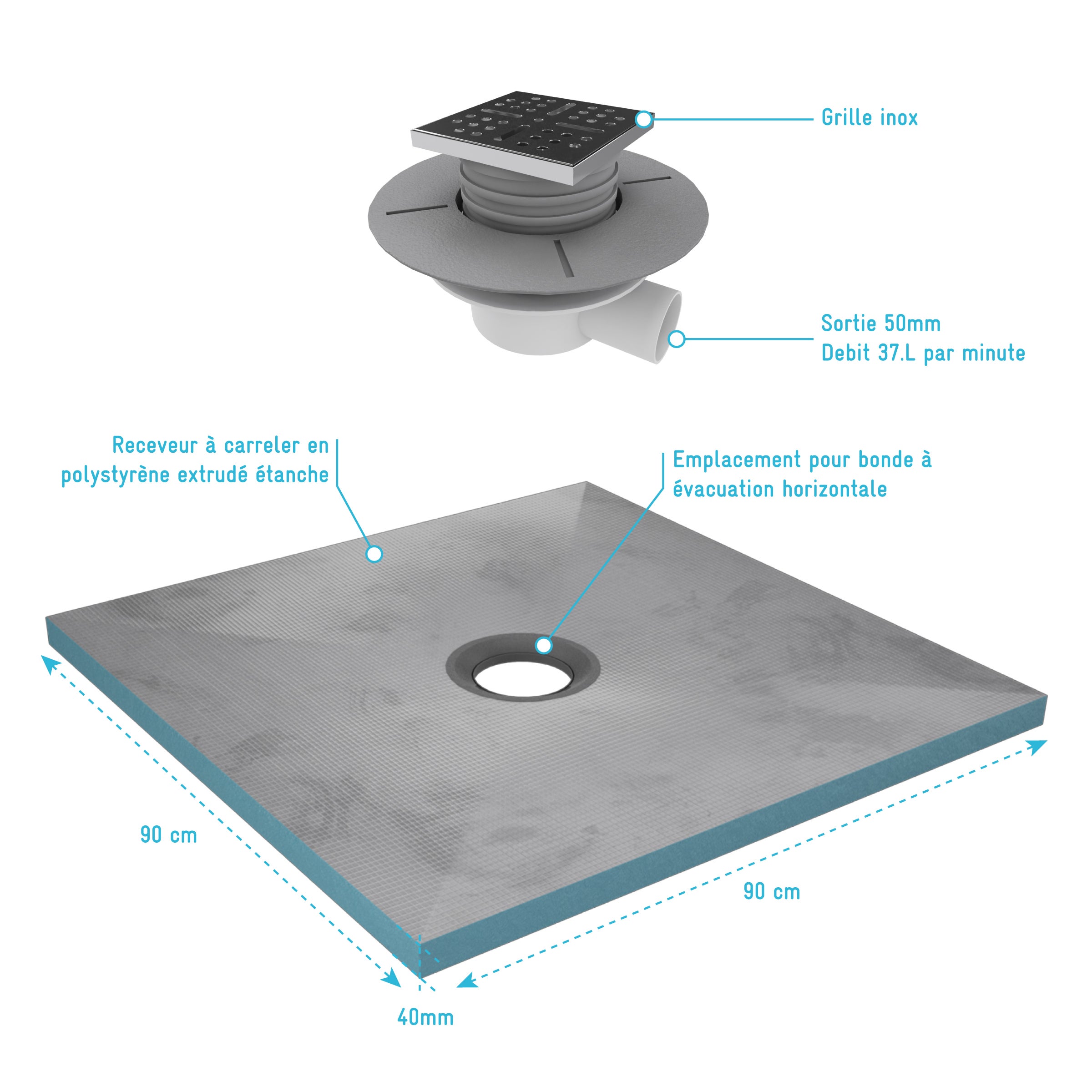 Receveur de Douche à Carreler 90x90 cm avec Bondes à Sortie Horizontale - Grille Inox - 3