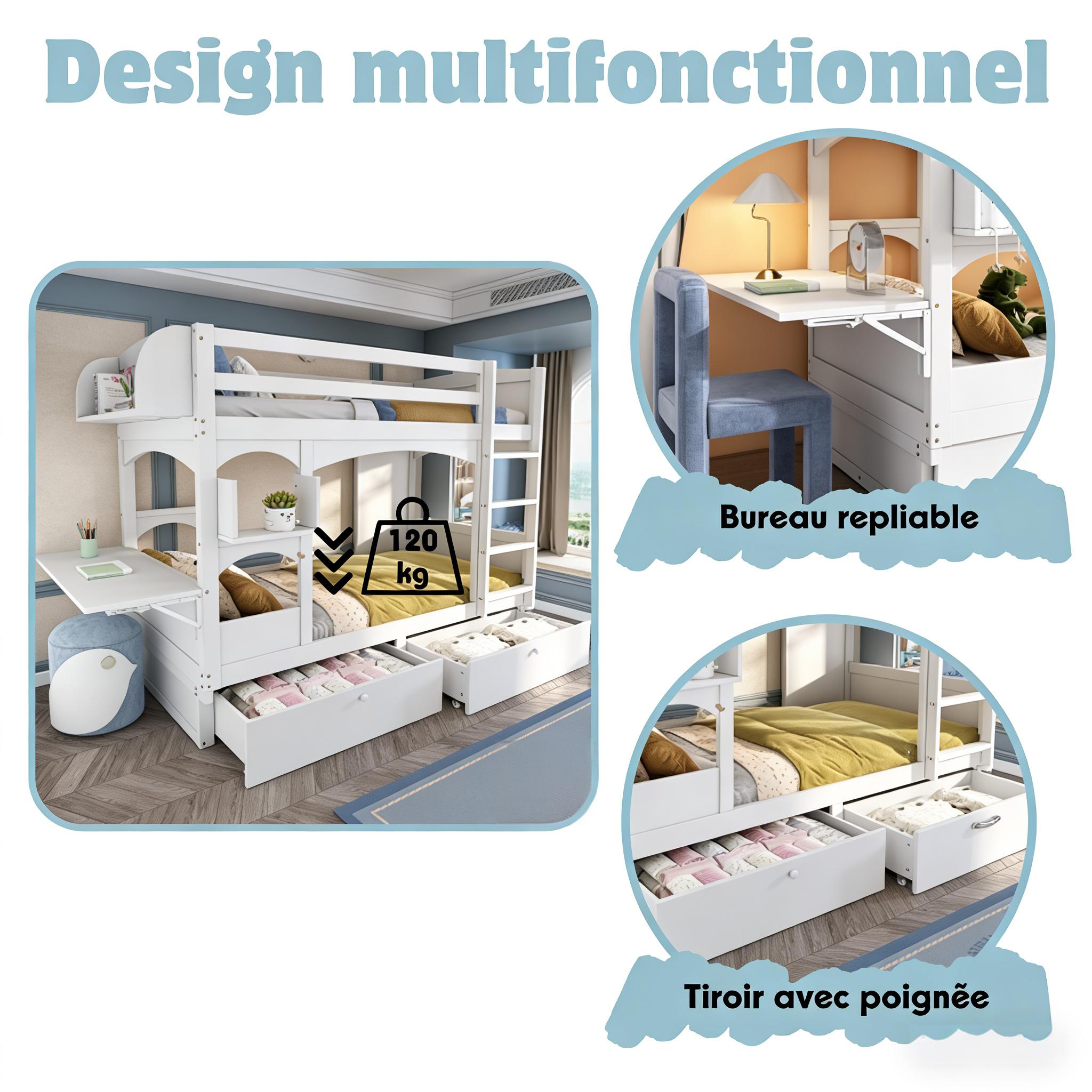 Lit superposé enfant multifonction 90x200 cm avec bureau rabattable et étagère,Échelle,2 tiroirs de rangement,blanc(sans matelas) - 4