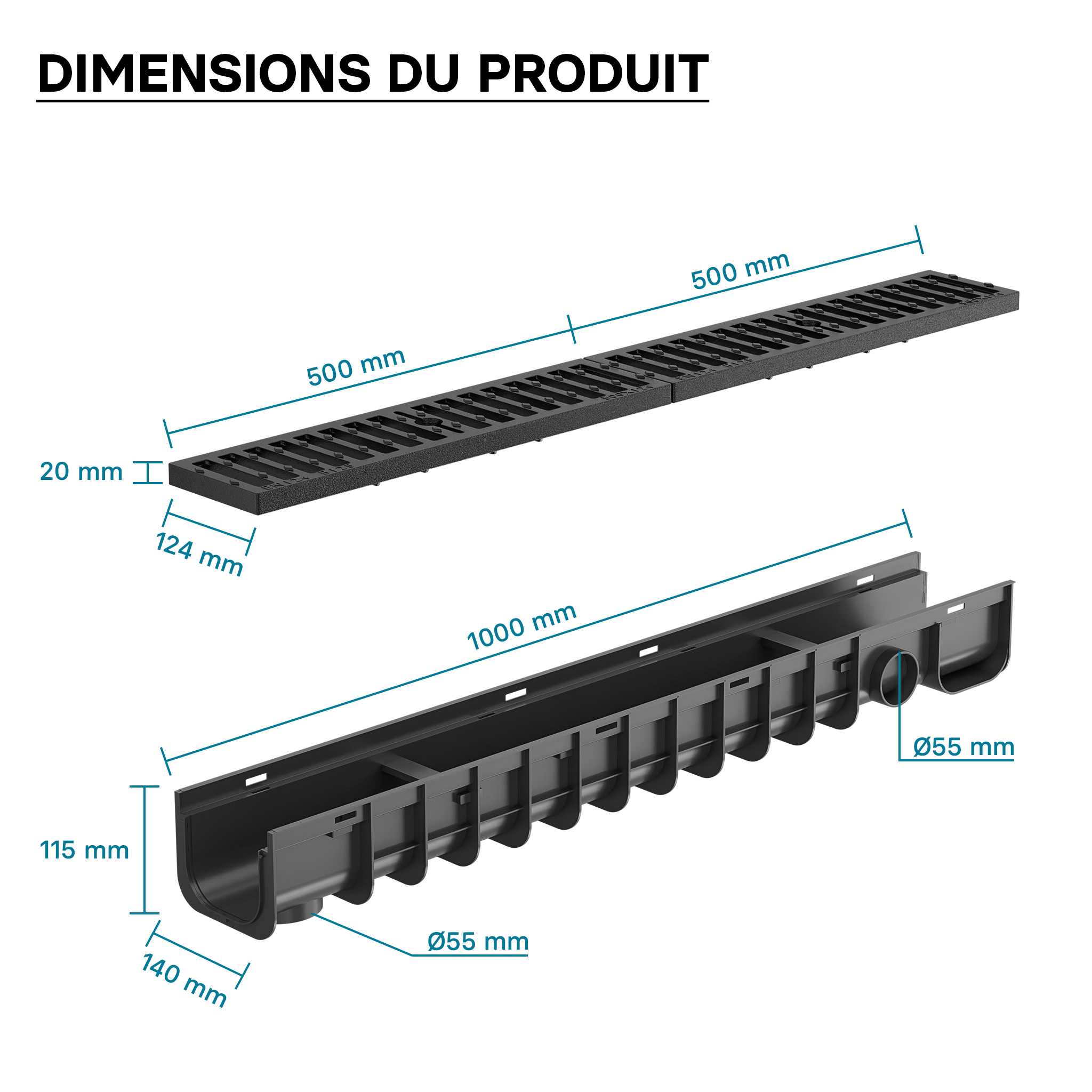 Caniveau En Plastique PP Avec Grille En Fonte - Lot De 5 X 1 M, Capacité 12.5 T, Raccord DN110 - Pour Garage, Cour, Drainage Eaux Pluviales
