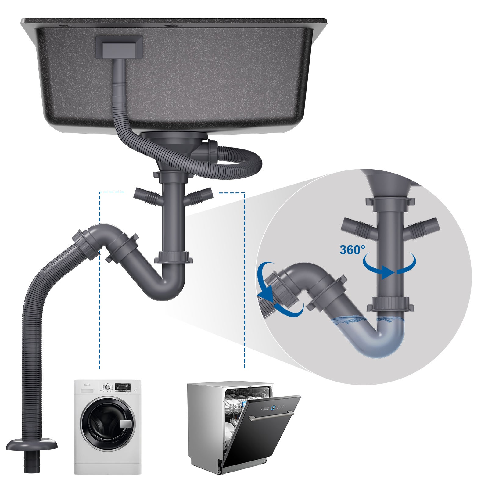 Évier Cuisine 1 Bac en Granit,55*45*20cm,Kit de Vidage,Évier Cuisine Encastré,Trous de Montage pour Robinet/Distributeur Savon - 4